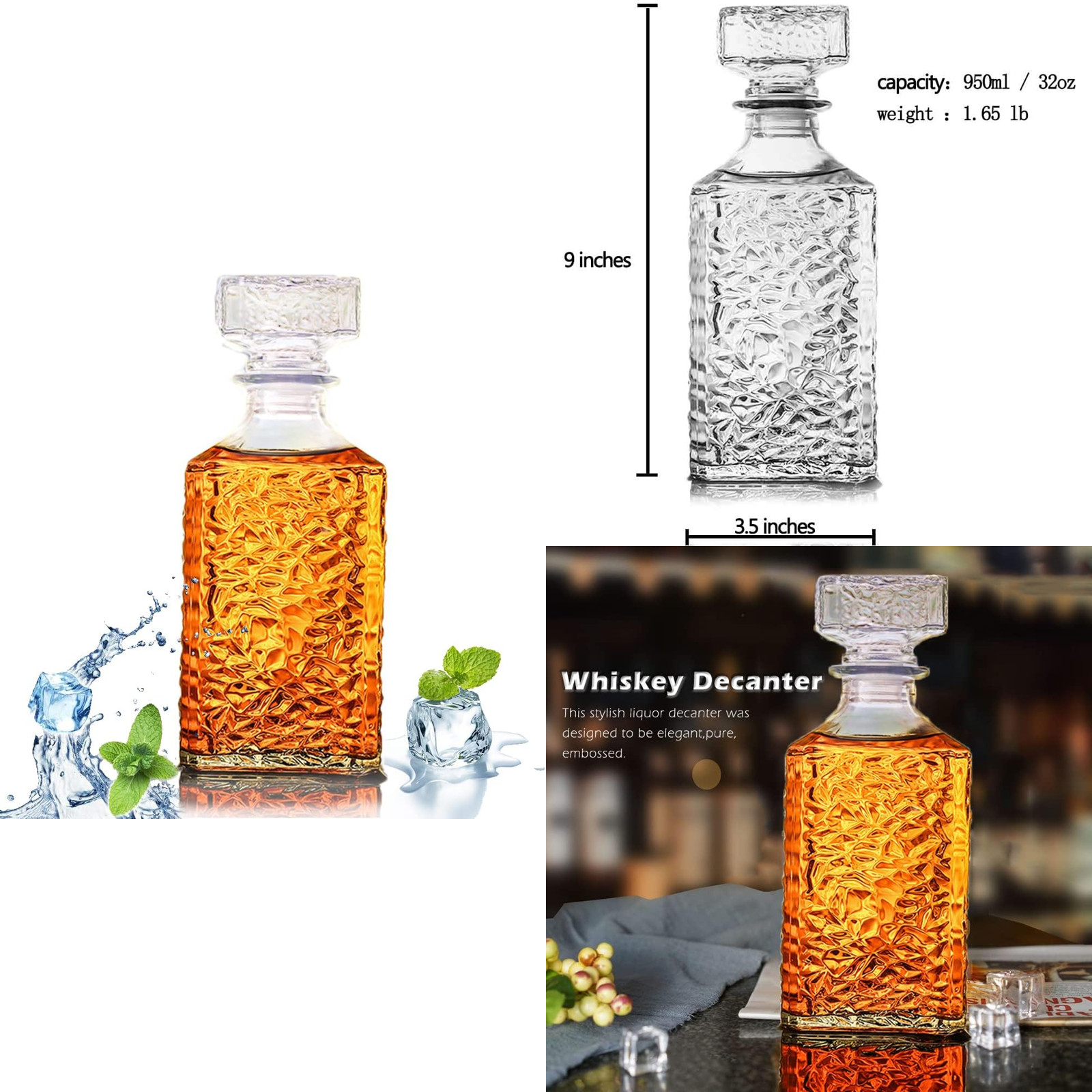 Whiskey Decanter with Airtight Geometric Stopper,32oz Liquor Decanter,Glass