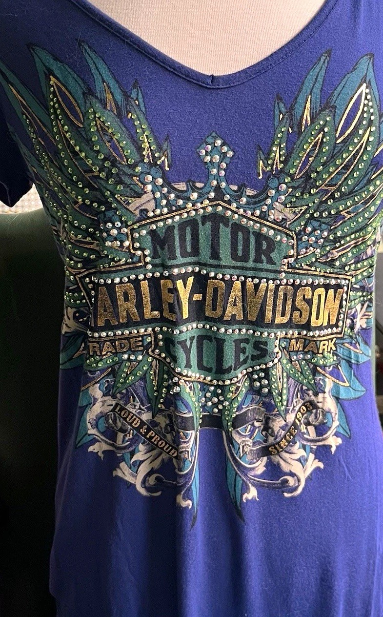 Harley-Davidson Women’s Graphic Short Sleeve Rhinestone Criss Cross Back  L