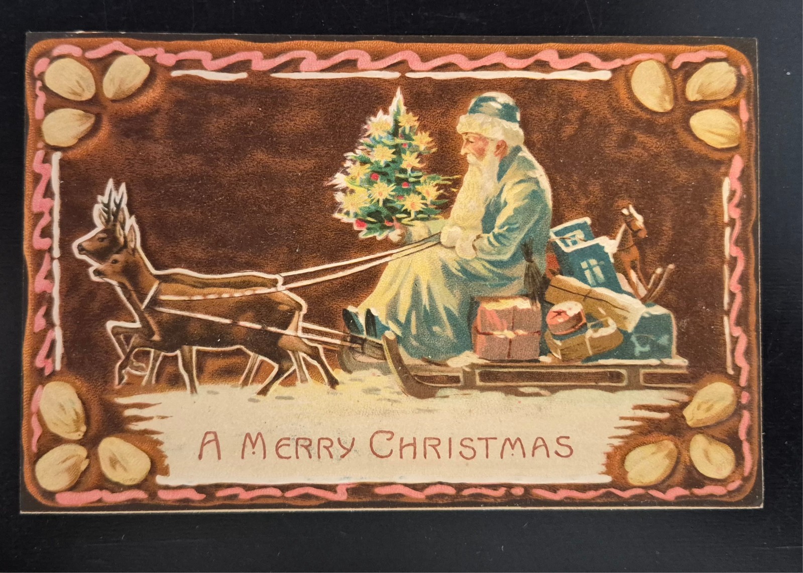 Antique 1900s RARE Blue Santa Claus Sleigh Reindeer Postcard Antique 1900s RARE Blue Santa Claus Sleigh Reindeer Postcard