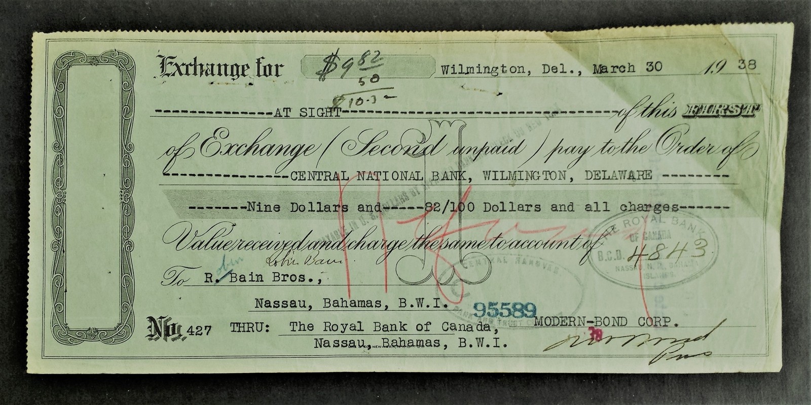1938 antique MODERN-BOND BANK AMERICA Check wilmington de EXCHANGE nassau bahama