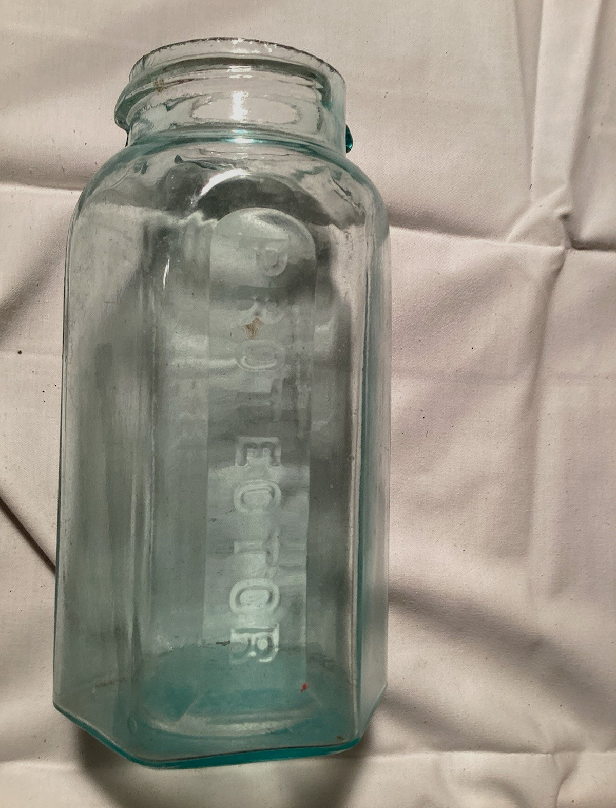 Vtg 1880s protector 6 sided hexagonal, aqua glass, fruit jar, quart sized Vtg 1880s protector 6 sided hexagonal, aqua glass, fruit jar, quart sized
