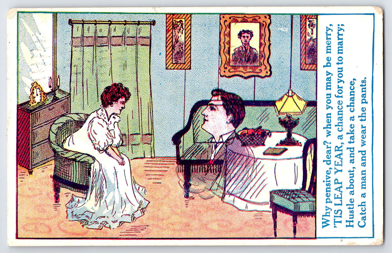 [5i6] Postcard 1908, Leap Year, \'Why Pensive Dear?\' Advertising Presidential PCs