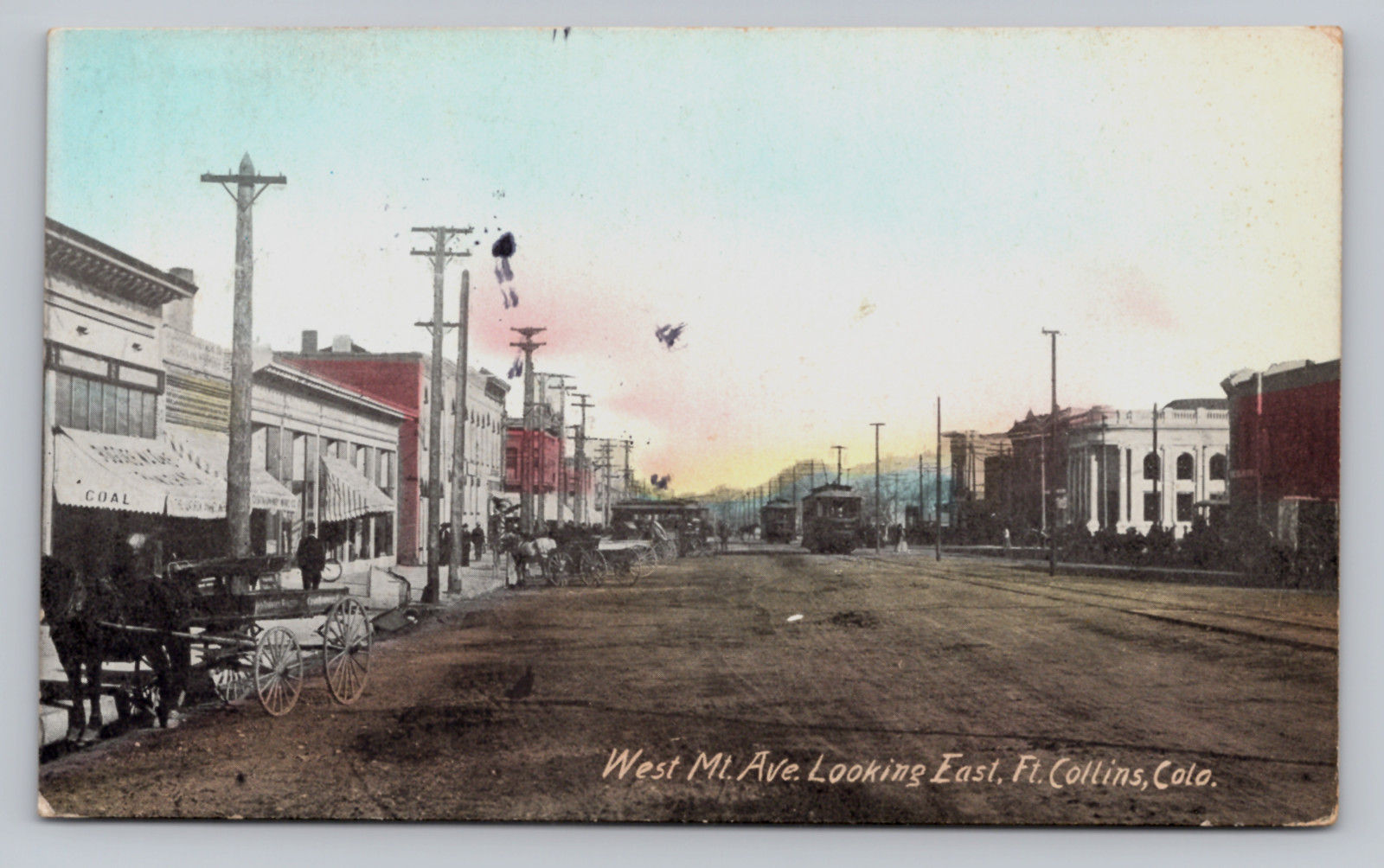 c1908 West Mountain Avenue Postcard Fort Collins CO Street Scene Streetcars