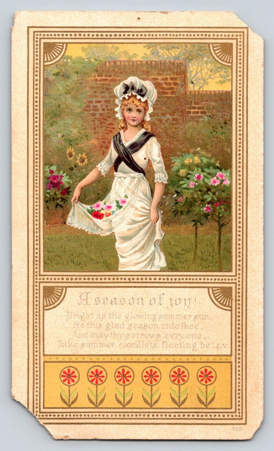 Victorian Girl Garden Scene Greeting Card 1890s Poem Ephemera 6x3