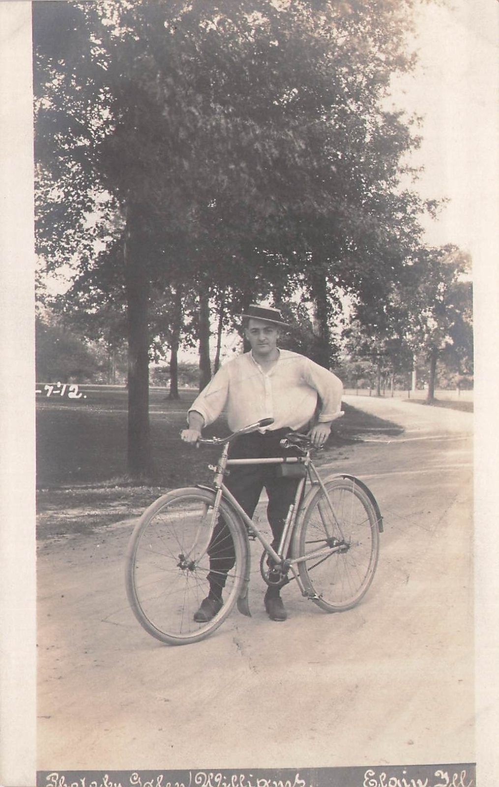 Young Man in Hat Posing w/ Bicycle Elgin Illinois IL G. Williams RPPC