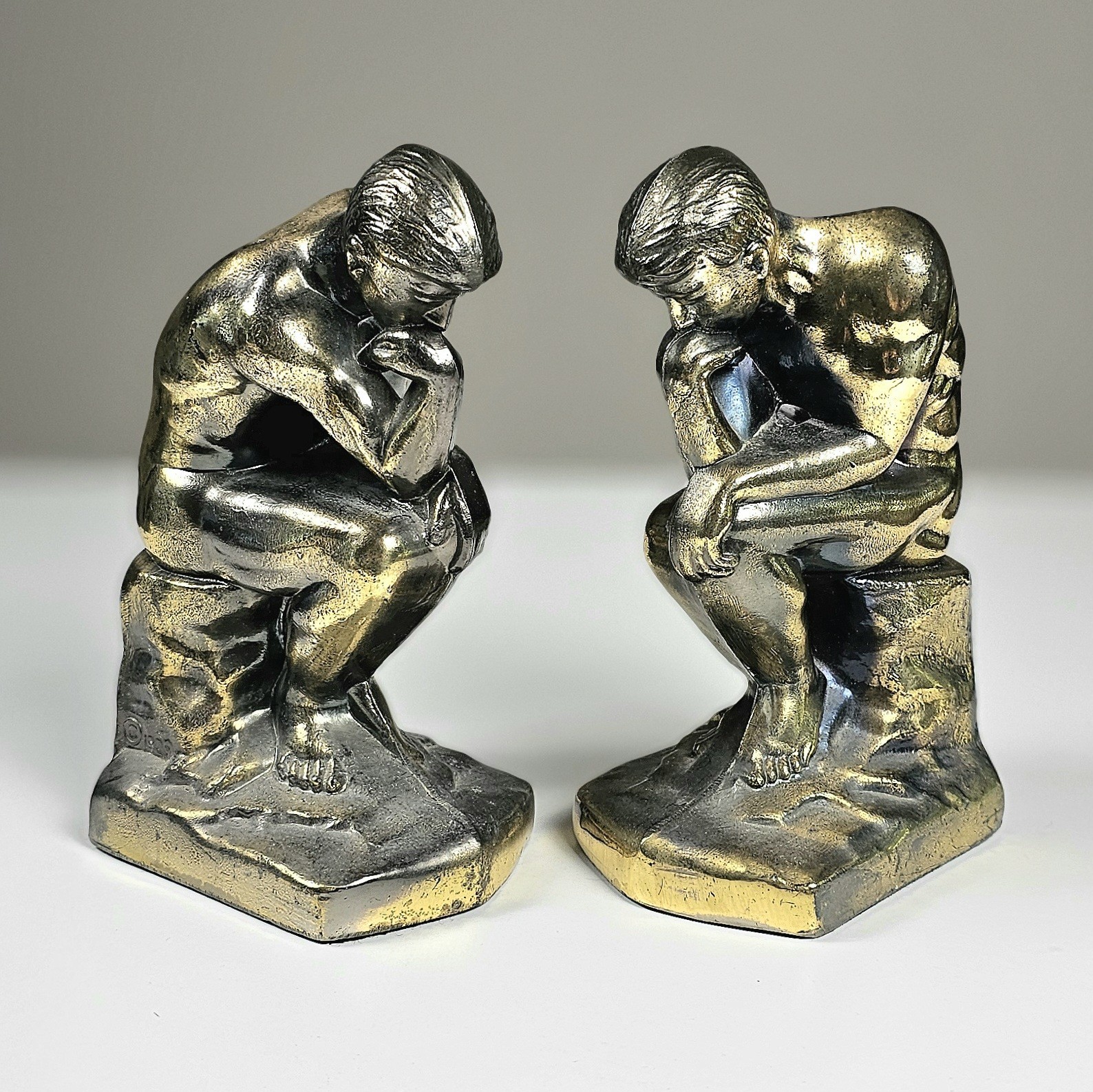 Vintage 1928 Art Deco The Thinker Bookends Pair Metal NuArt NYC Rodin Figurine