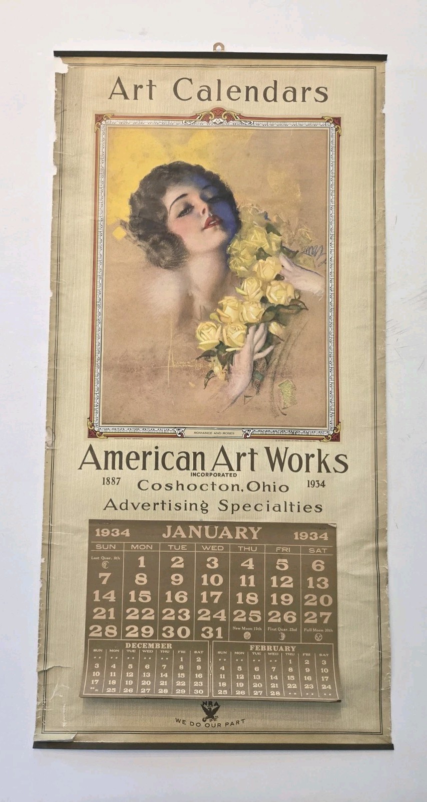 Original 1934 Rolf Armstrong American Art Works Calendar 30x 15 Romance & Roses