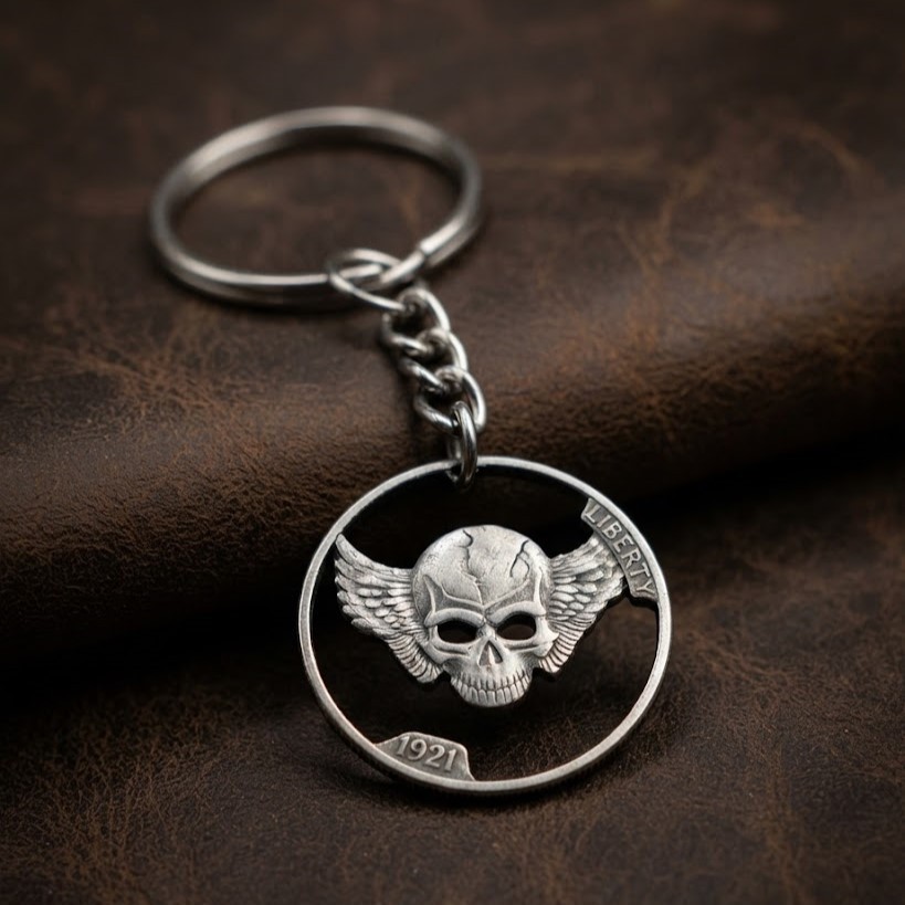 1934 Hobo Nickel Cut Coin Keychain The With Wings Biker Gothic Custom American