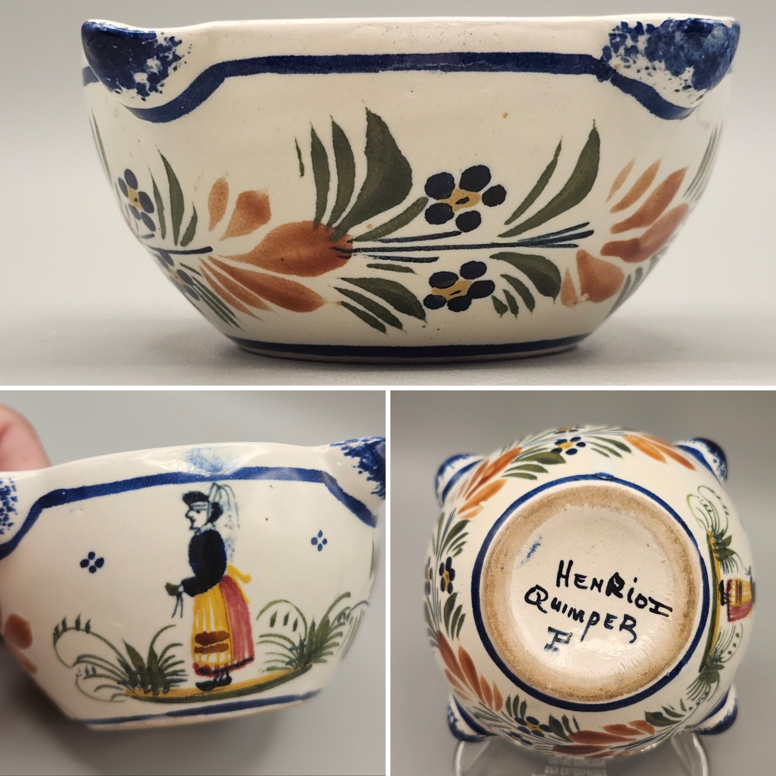 Vintage Henriot Quimper Ceramic Bowl Vide Poche Folk Art Cottage Woman France