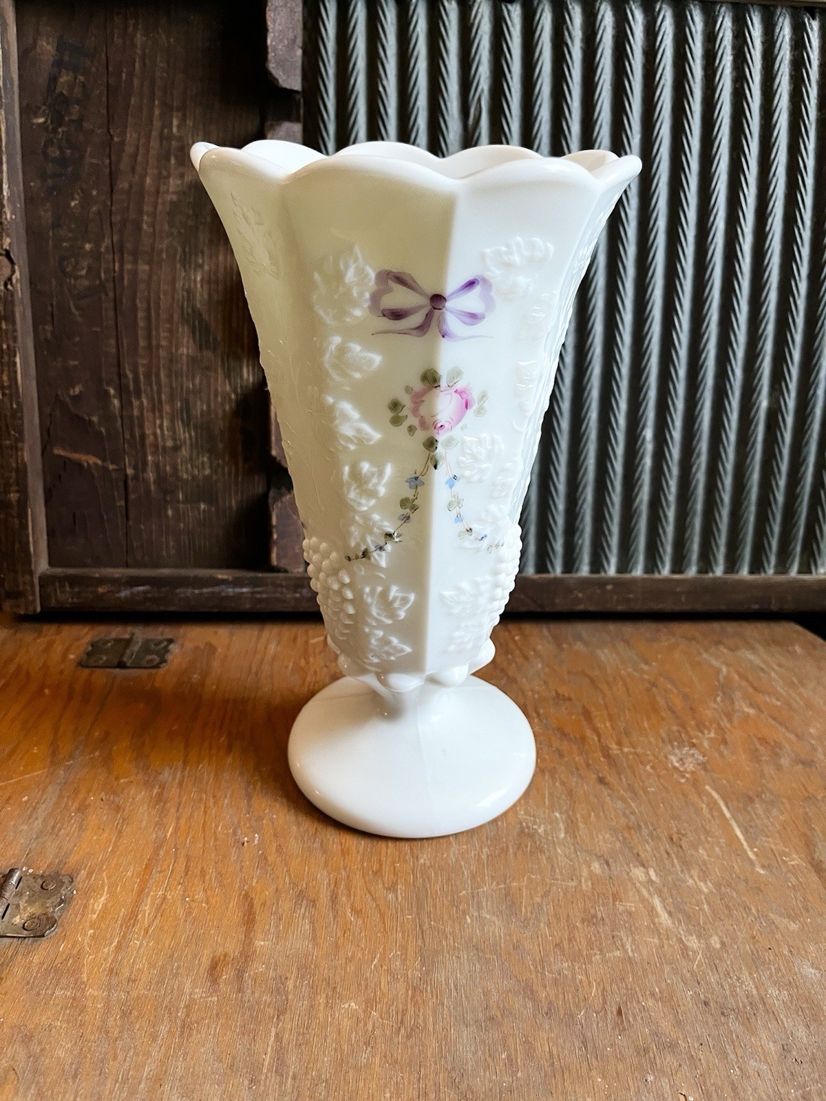 Vintage Westmoreland Roses & Bow Milk Glass Pedestal Vase Ruffled Edge 9” Tall