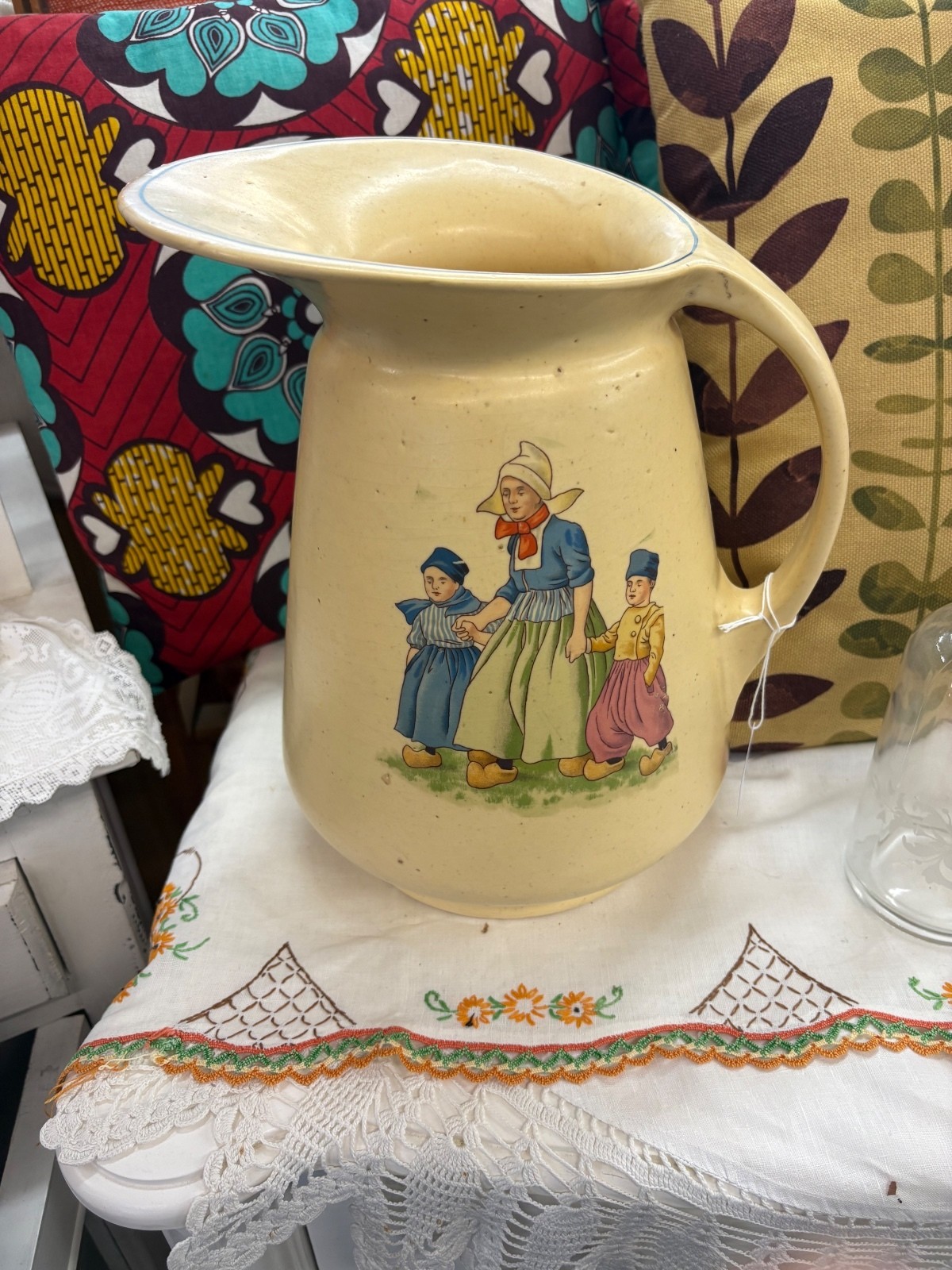 Antique Roseville Pottery Dutch Children Creamware Large Water Pitcher, c. 1910