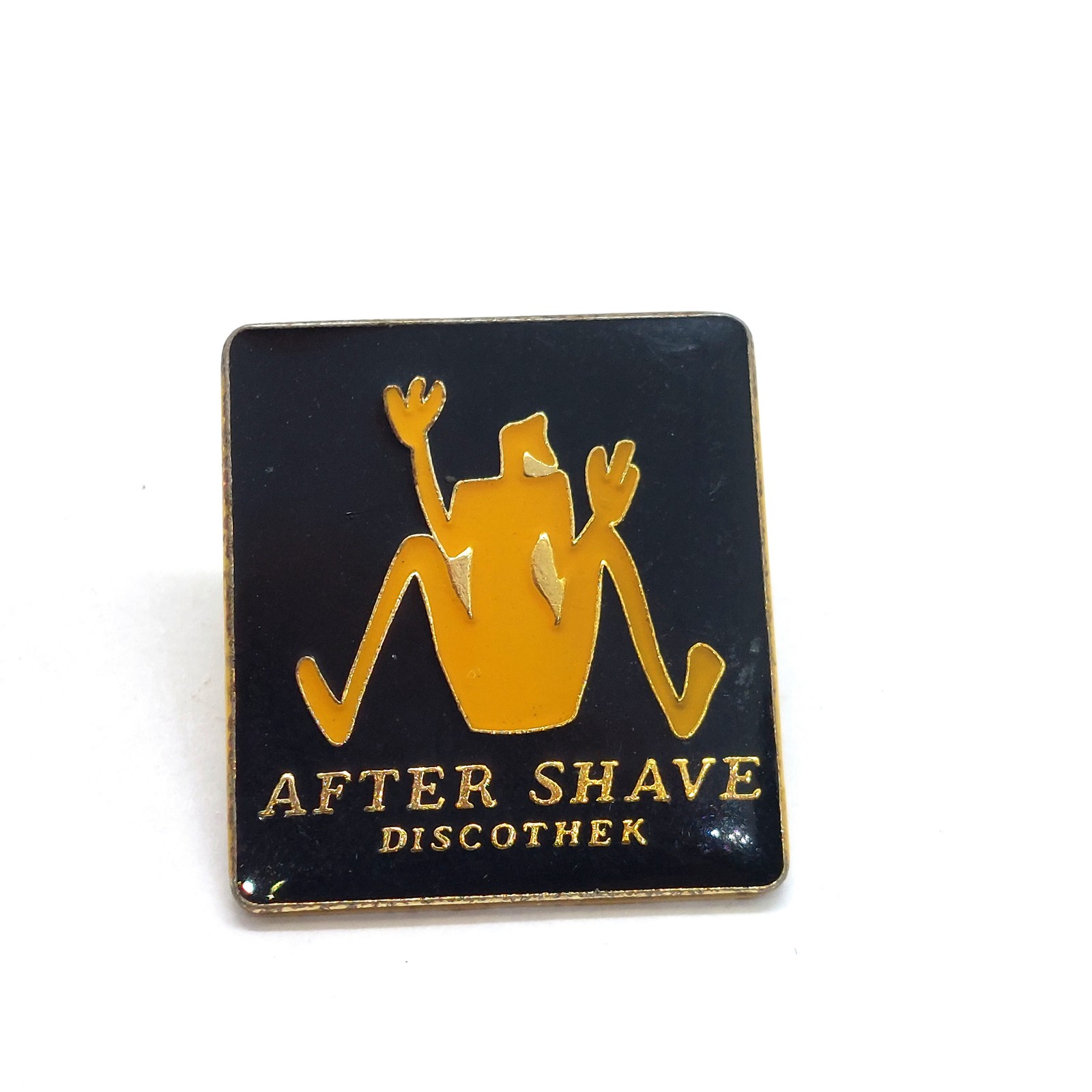 Vintage After Shave Discothek Dancing Figure Black Yellow Enamel Lapel Pin Vintage After Shave Discothek Dancing Figure Black Yellow Enamel Lapel Pin