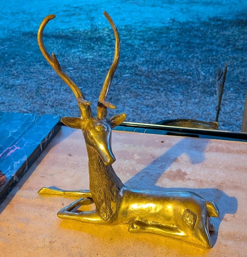 Vintage MCM Hollywood Regency Solid Brass Resting Elk Deer Stag Statue