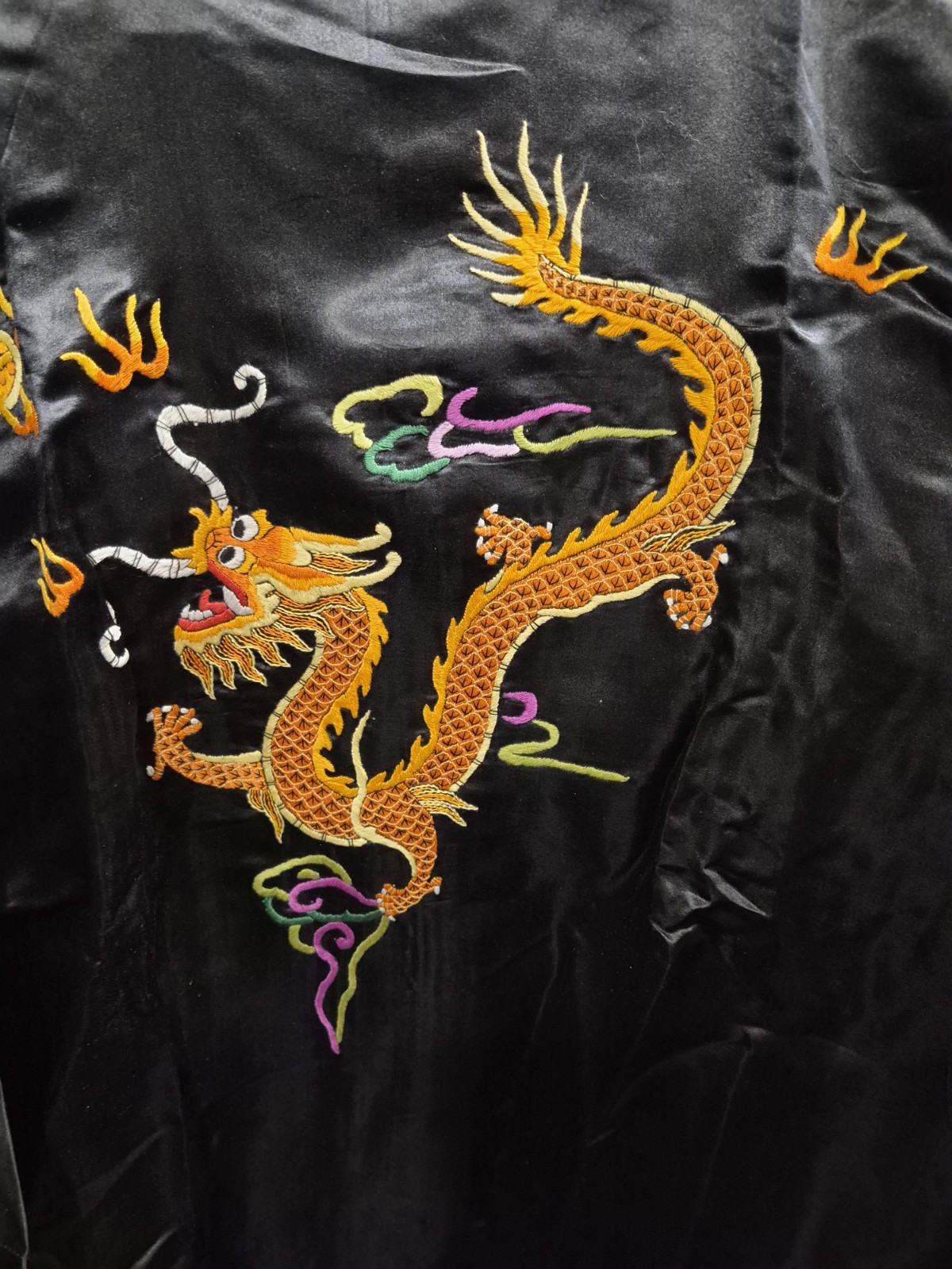 Vtg Golden Dragon Chinese Black Silk Satin Short Robe Embroidered XL