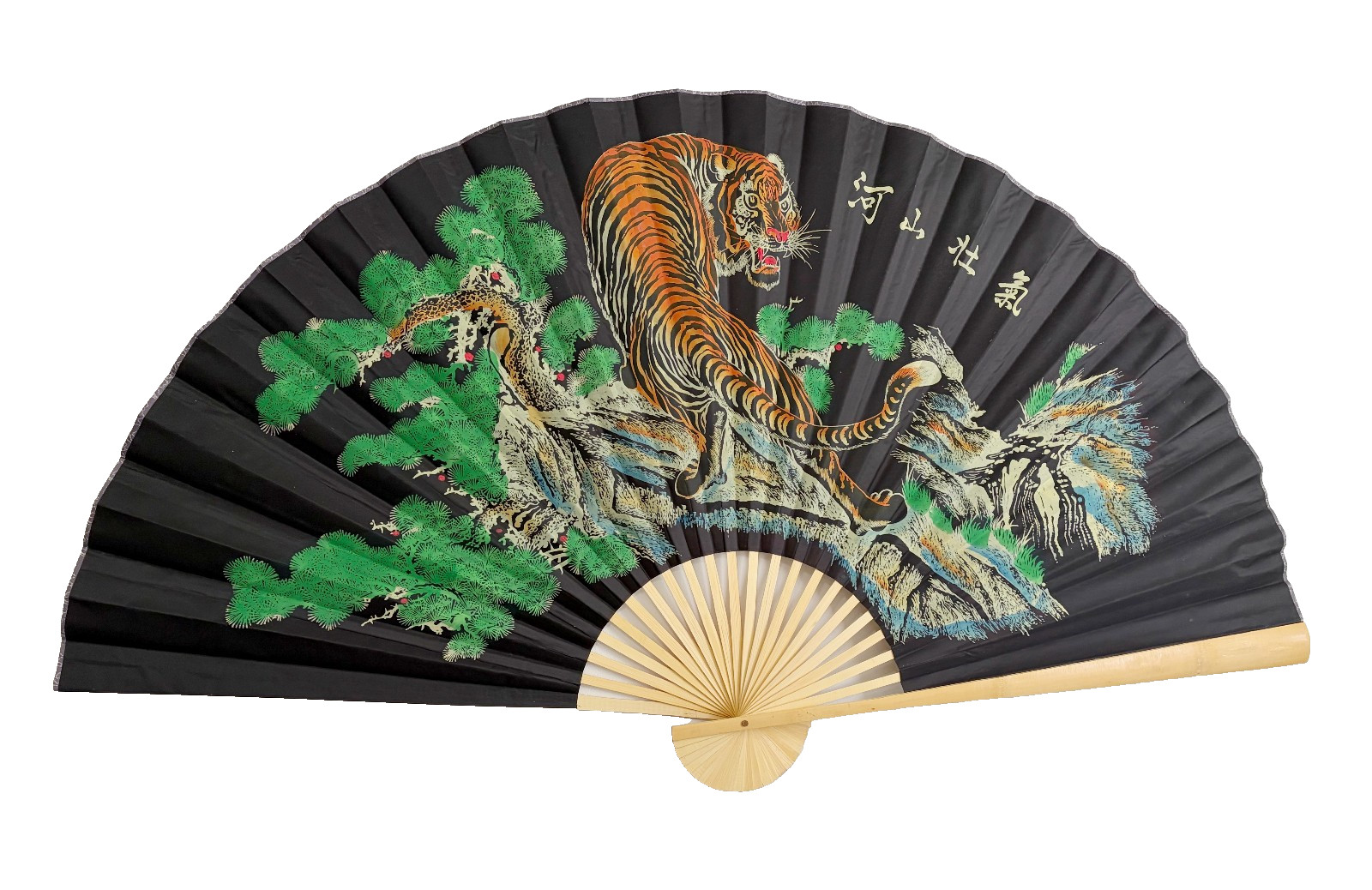 Large 60*35 in Oriental Wall Hanging Folding Fan in Tiger Painting Black Backgro