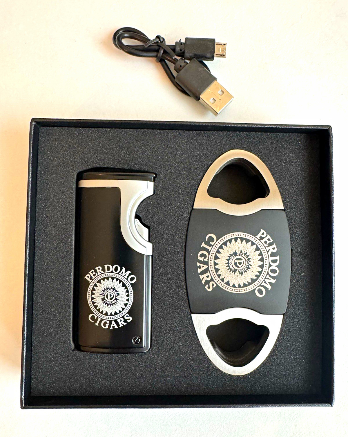 Perdomo Cigars Branded Lighter & Cigar Cutter Gift Set w/ USB Cable