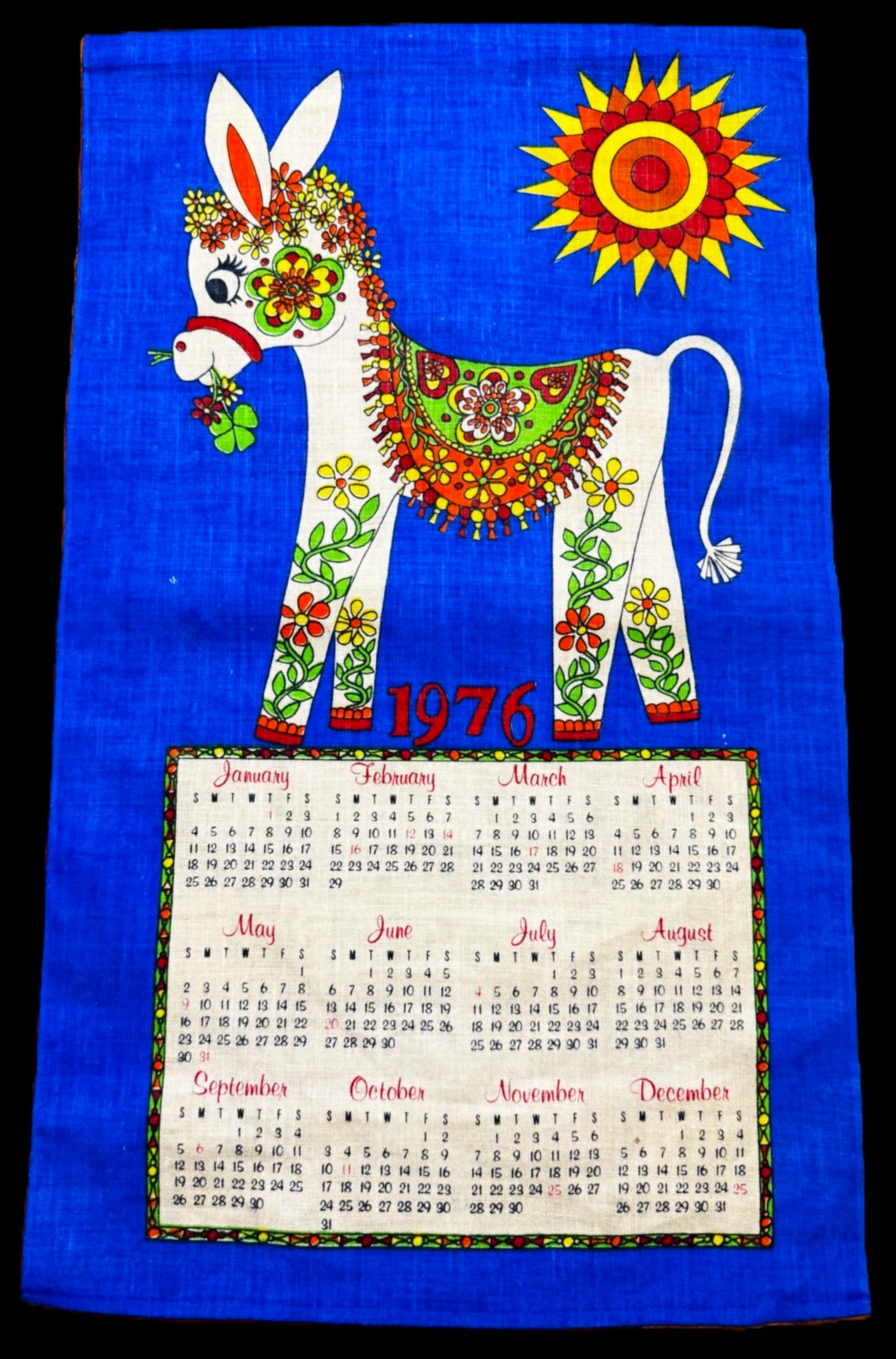 NWOT Vtg. 1976 Calendar Tea Towel Folk Art FLORAL DONKEY NWOT Vtg. 1976 Calendar Tea Towel Folk Art FLORAL DONKEY
