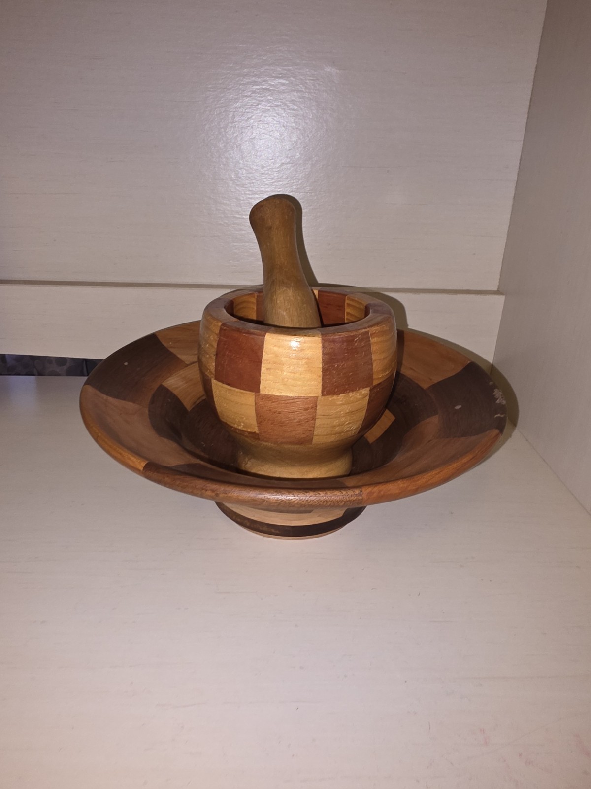 Wood Bowl Round Two Tone Stain & Wooden Mortar And Pestle. AS IS
