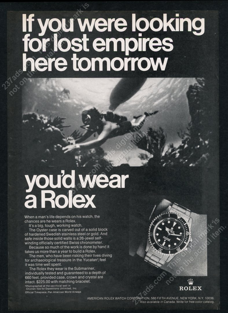 1969 Rolex Submariner watch scuba diver diving photo Lost Empires vtg print ad