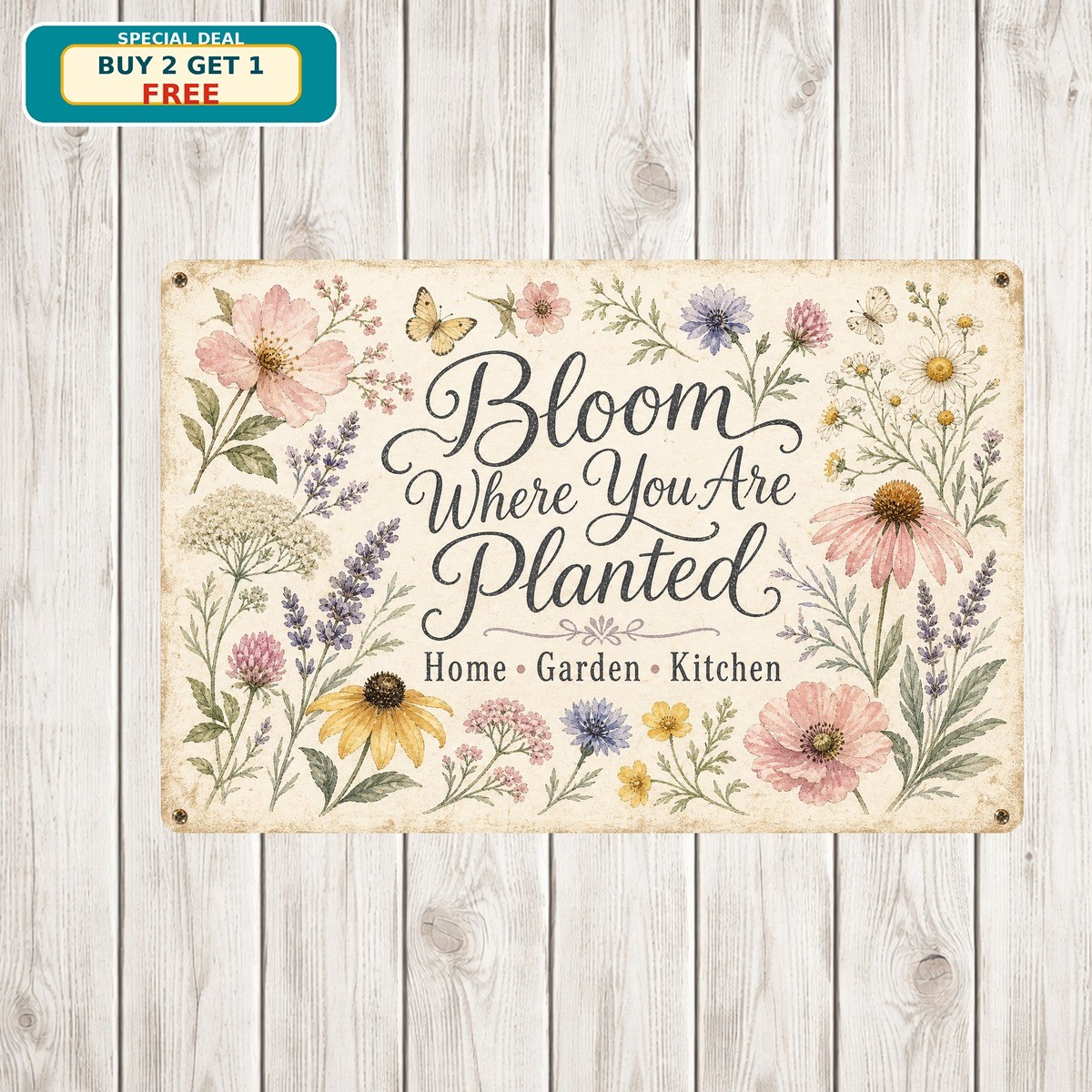 Bloom Where You Are Planted Wildflower Bouquet Pastel Watercolor Metal Plaque