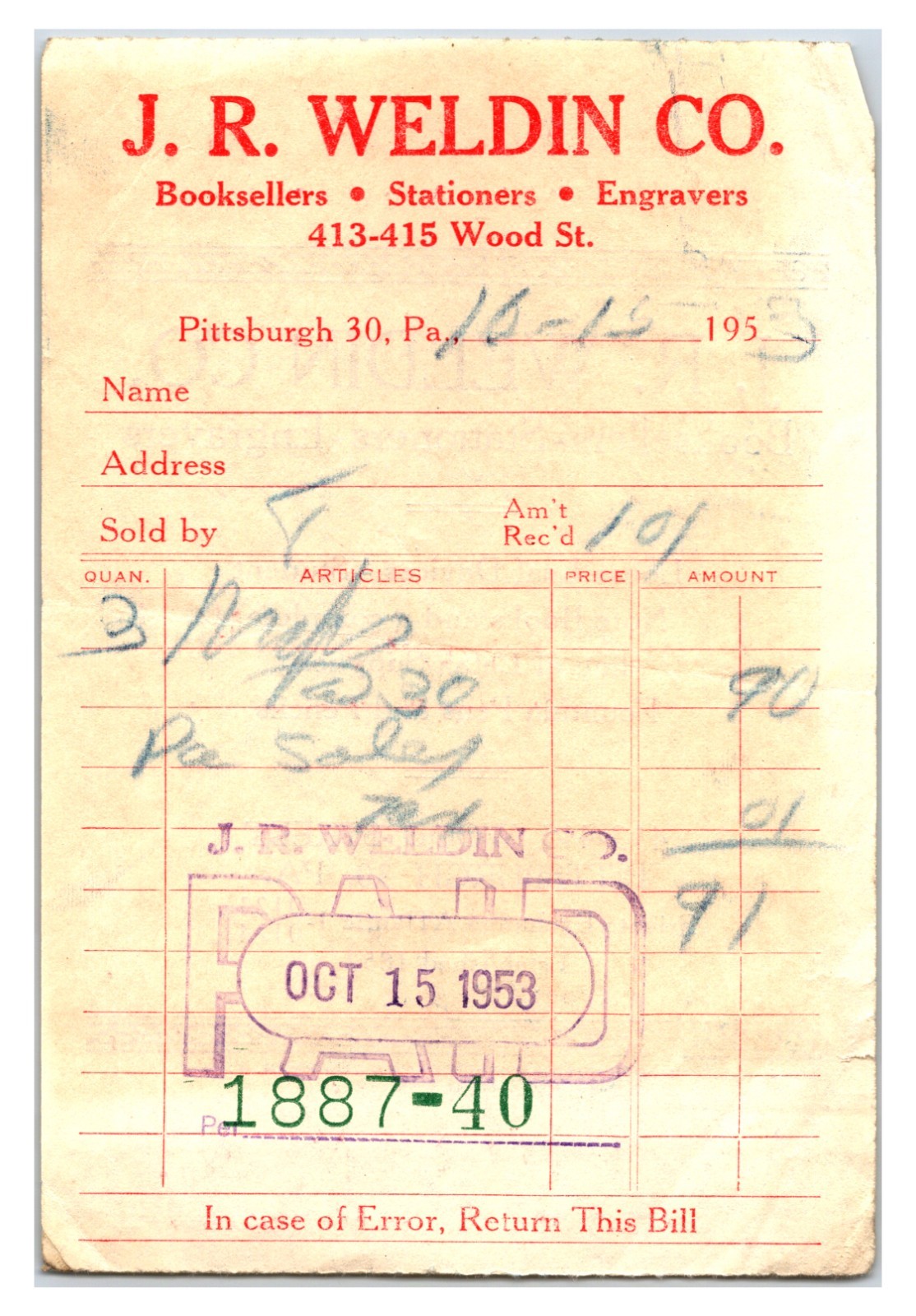 Original 1953 - J.R. Weldin Co. Book Store Receipt - Pittsburgh, Pa