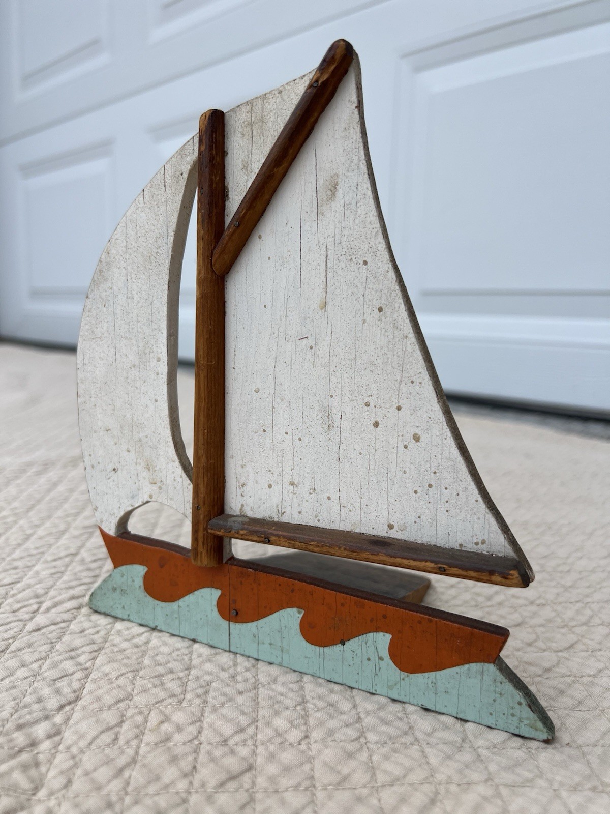 Vintage Handmade Hand-Painted Wood Sailboat Doorstop, 7.5\