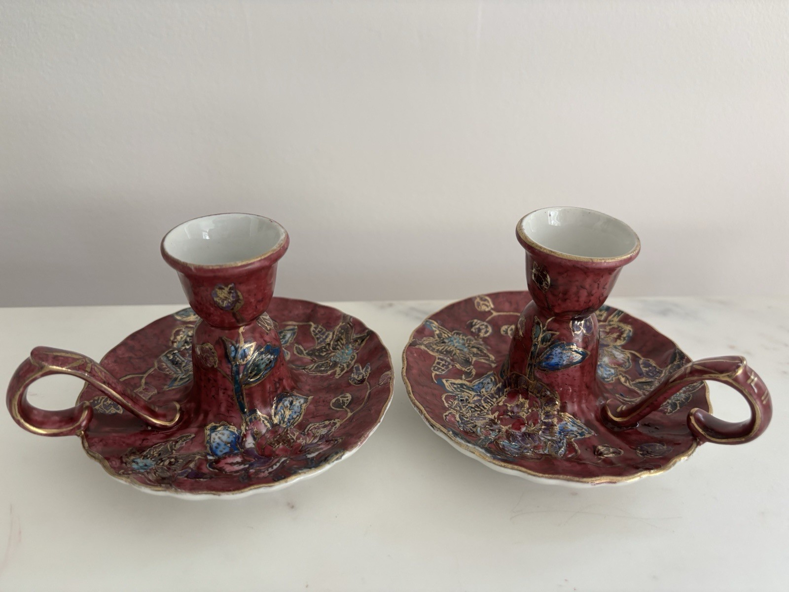 Vintage Fendi Casa Porcelain Chamberstick Candle Candle Holder Pair Burgundy