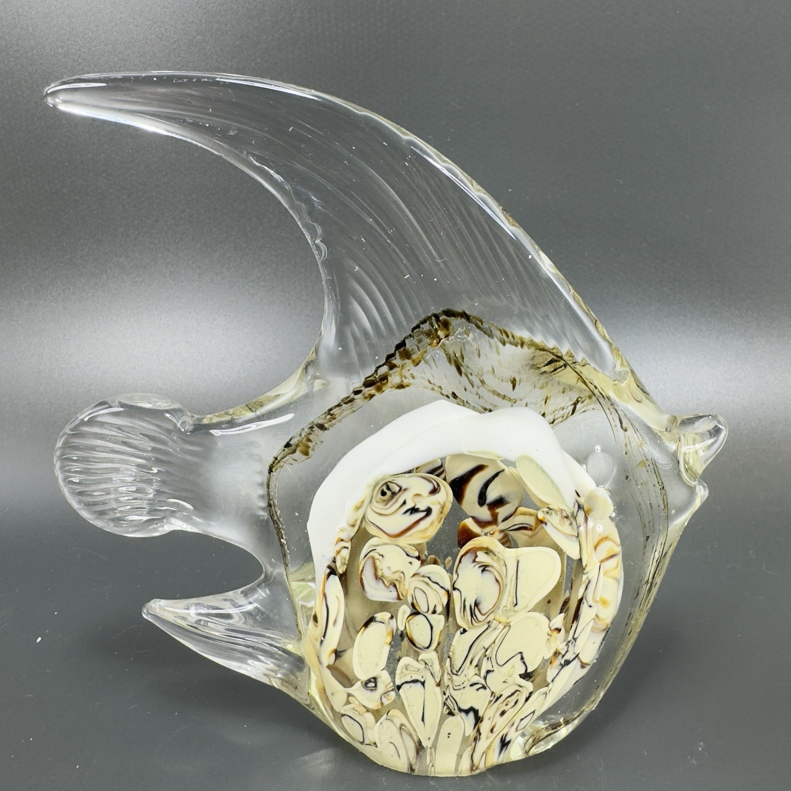 1980s Art Glass Fish Figurine Paperweight Heavy Brown White Spots Glass Figure
