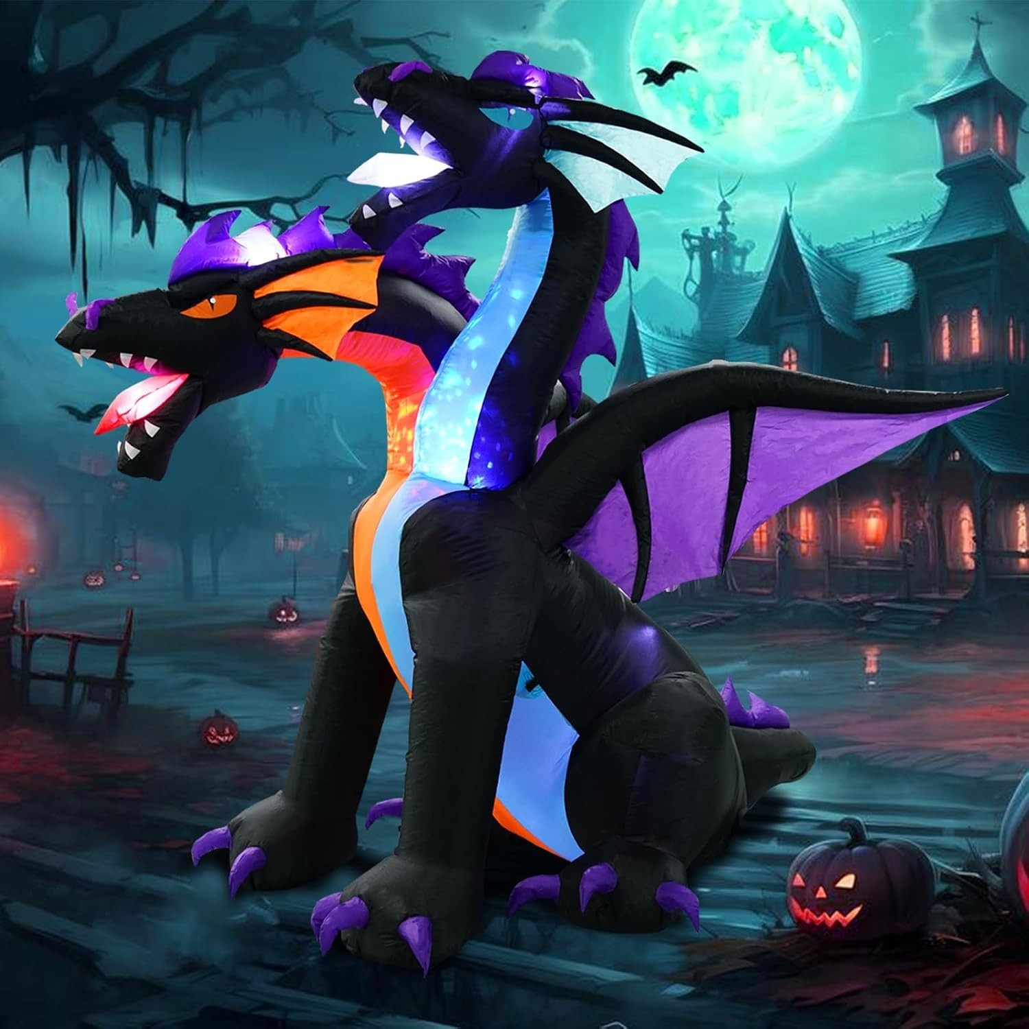 7FT Tall Halloween Inflatables Dragon W/2 Heads, Fire and Ice Blow up Dragon...