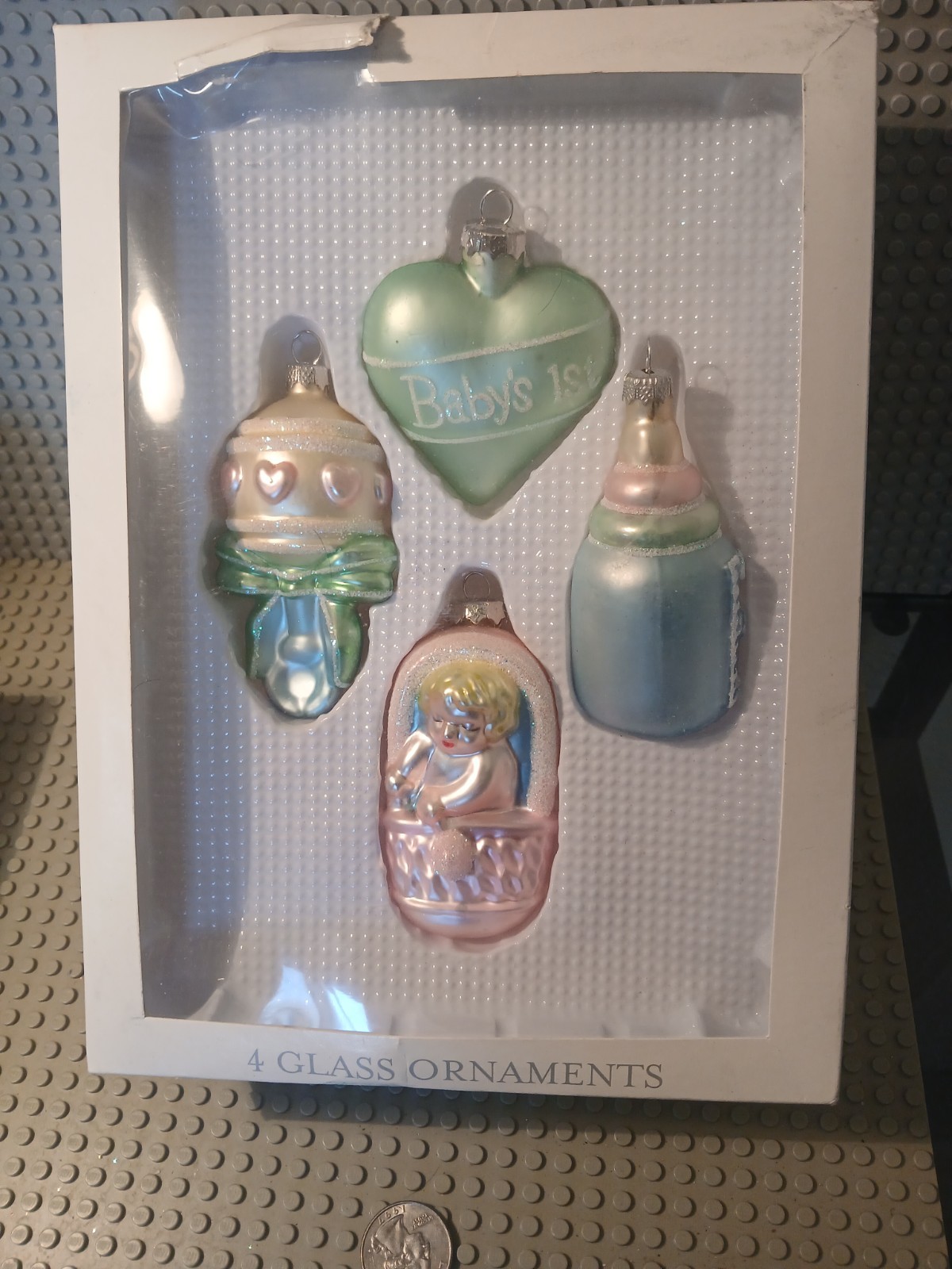 Baby\'s 1st First Christmas 4 Molded Glass Ornaments : Bottle Rattle Heart Baby Baby\'s 1st First Christmas 4 Molded Glass Ornaments : Bottle Rattle Heart Baby