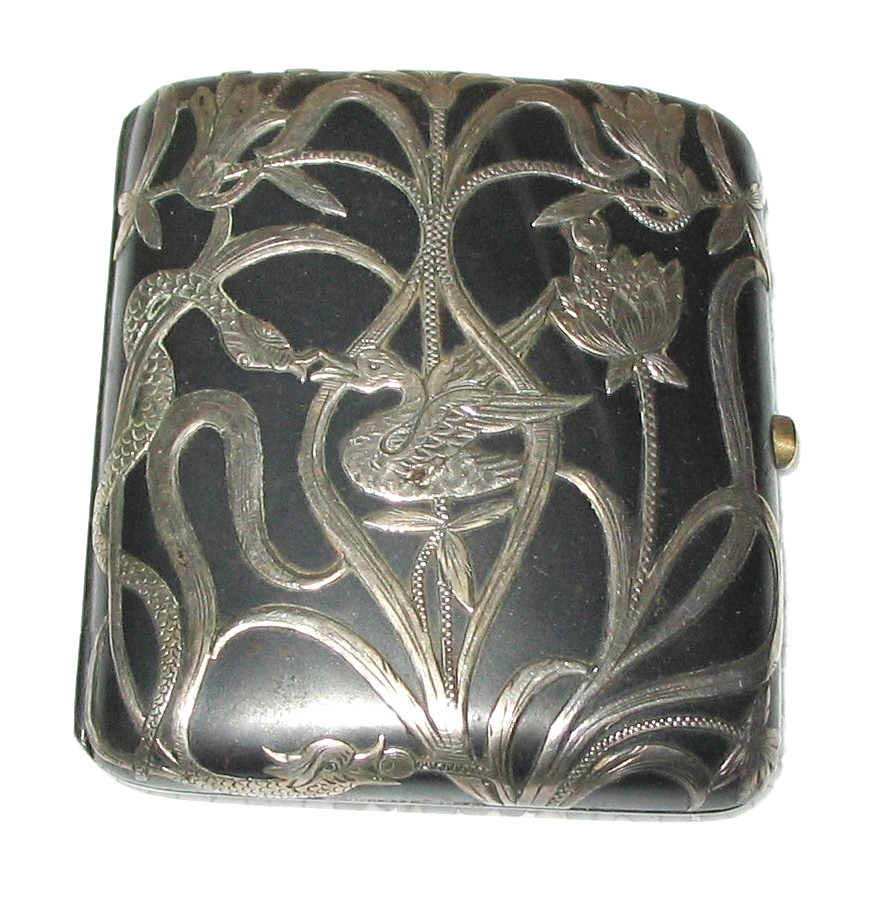 ANTIQUE JAPANESE Sterling Silver Overlay CIGARETTE CASE Birds, Snake c1920s ANTIQUE JAPANESE Sterling Silver Overlay CIGARETTE CASE Birds, Snake c1920s