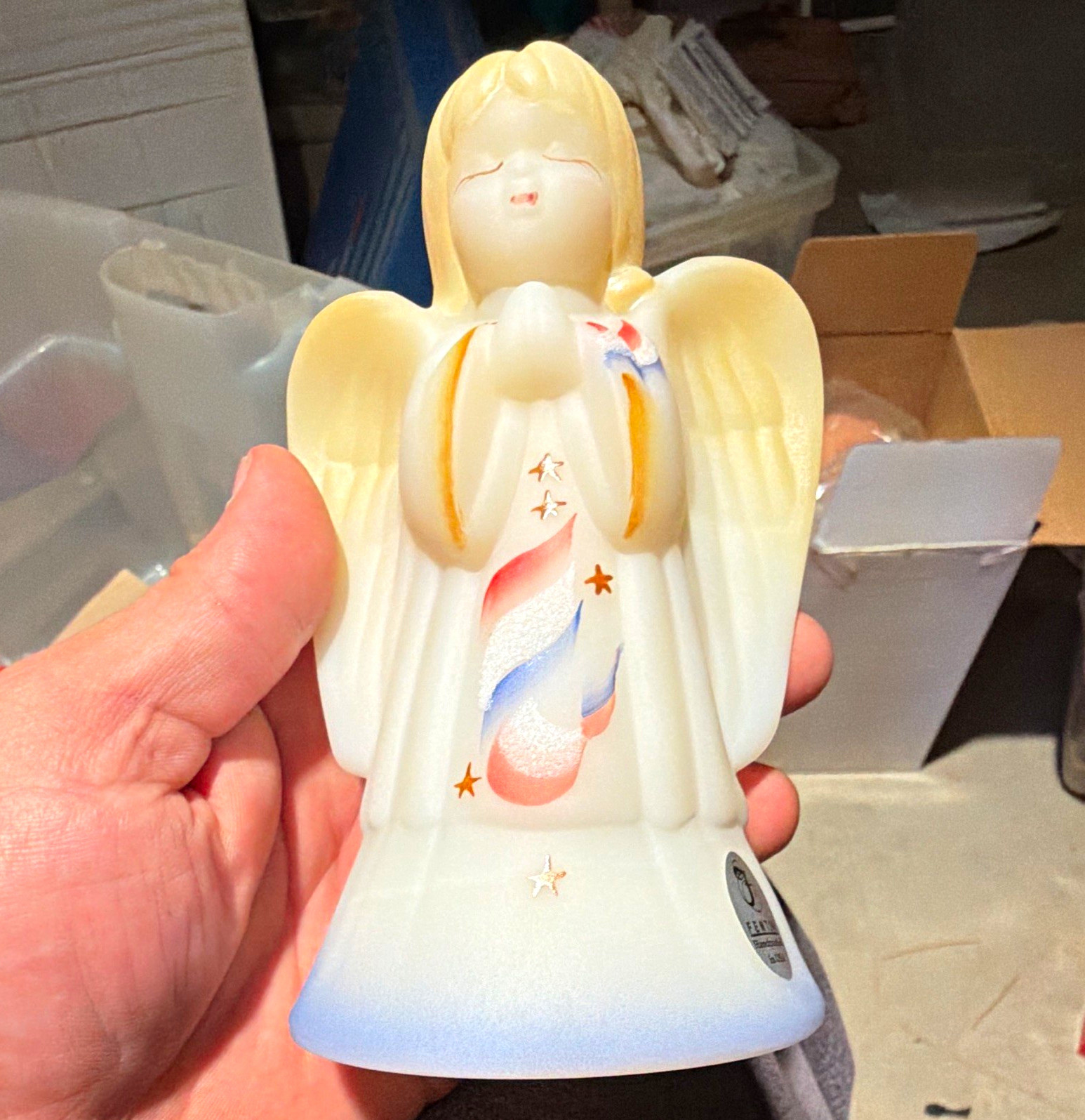 Fenton Hand Painted Angel Figurine White Glass Stars Blue Red Gold 1pc