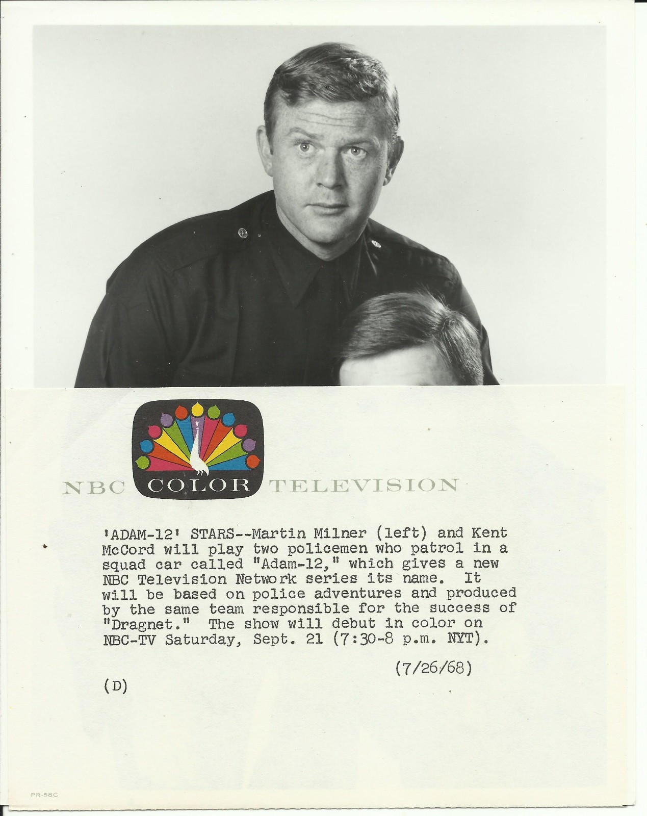 Original Vintage 1968 NBC-TV 7x9 Premiere ADAM-12  KENT McCORD Martin Milner EXC