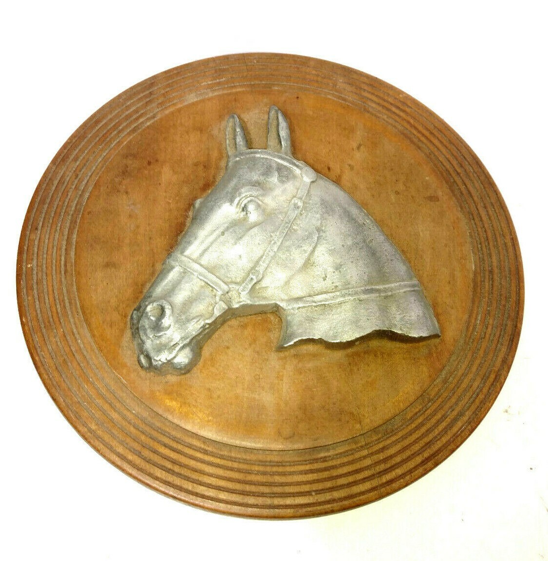 Vintage Wooden Plaque With Pewter Horse Head