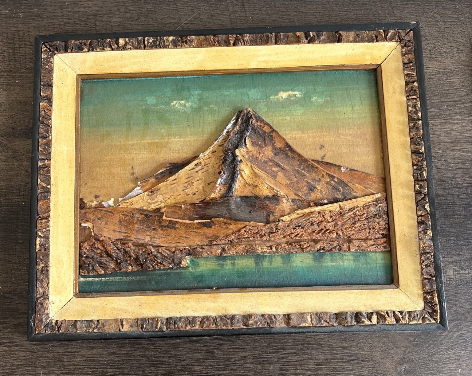 Vintage 3D Bark Relief Mountain Lake Landscape Wall Art, Rustic Folk Art Frame