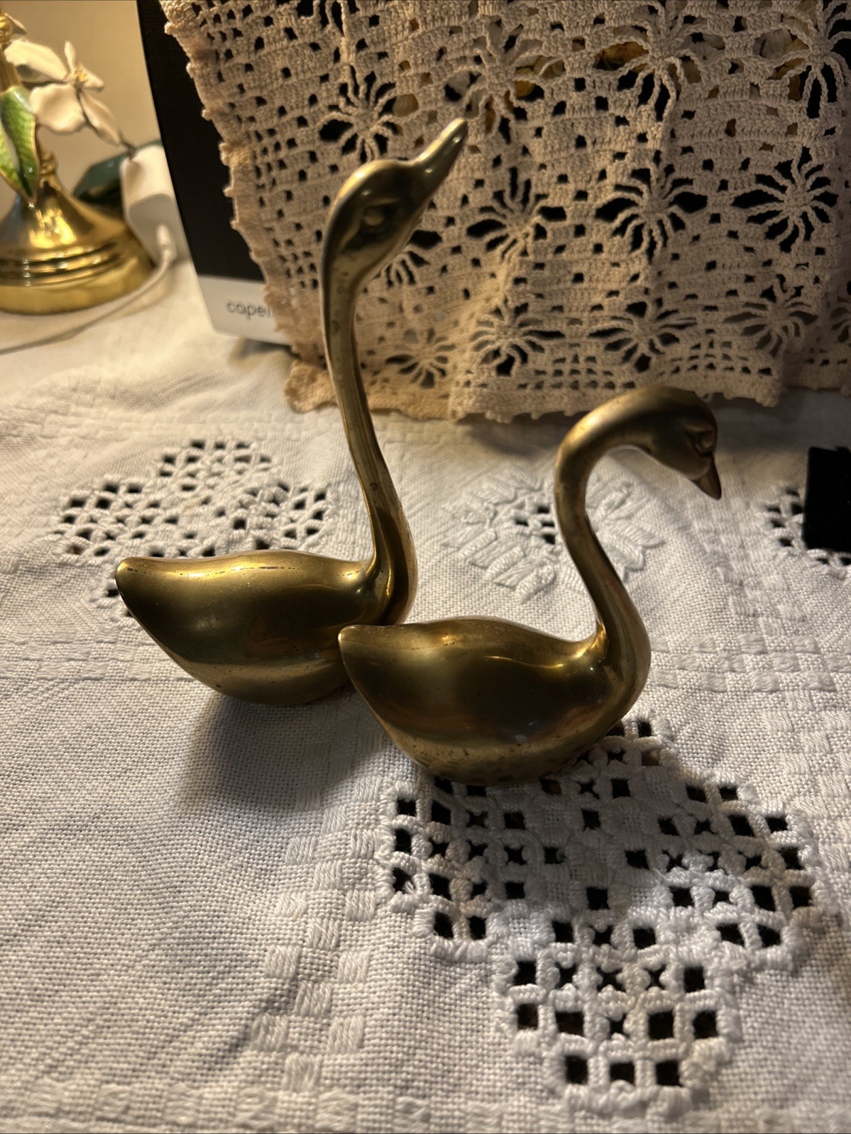 Vintage Pair of Mid Century MCM Solid Brass Swan Figurines Statues 5.5” & 4”
