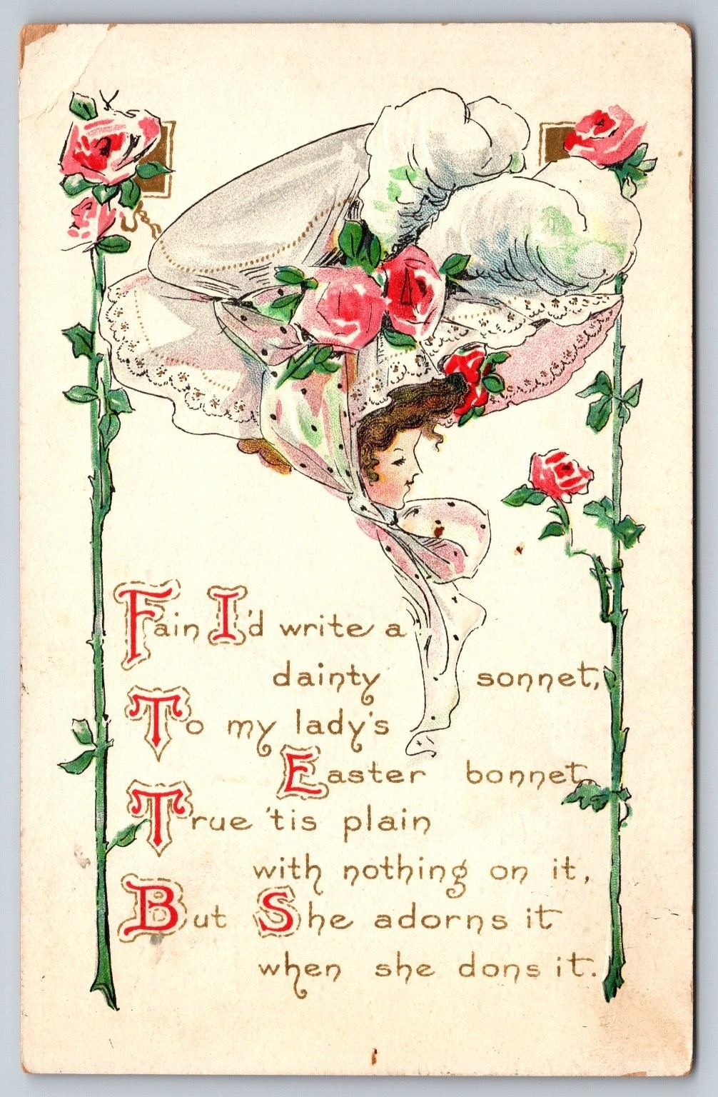 Vintage Early 1900s Embossed Lady in Bonnet Roses Poem Postcard 1911 Posted