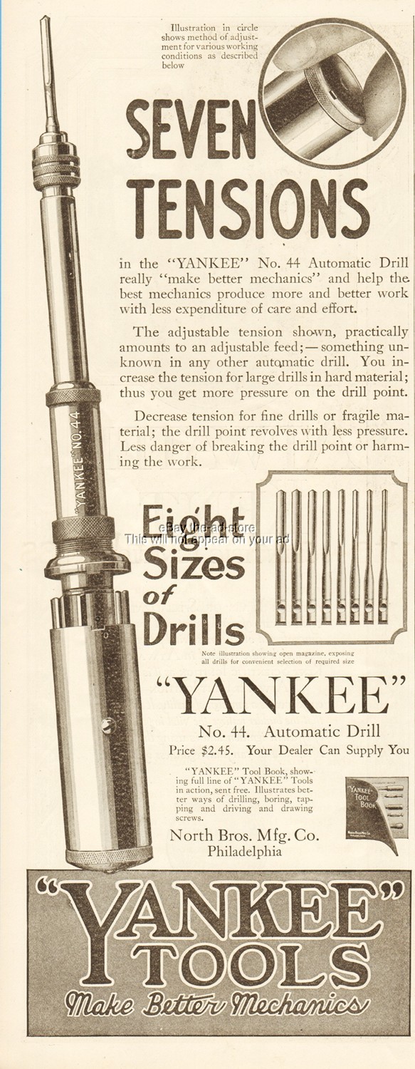1919 Yankee Tools North Bros Mfg Co Vintage Print Ad Tool Automatic Drill No 44