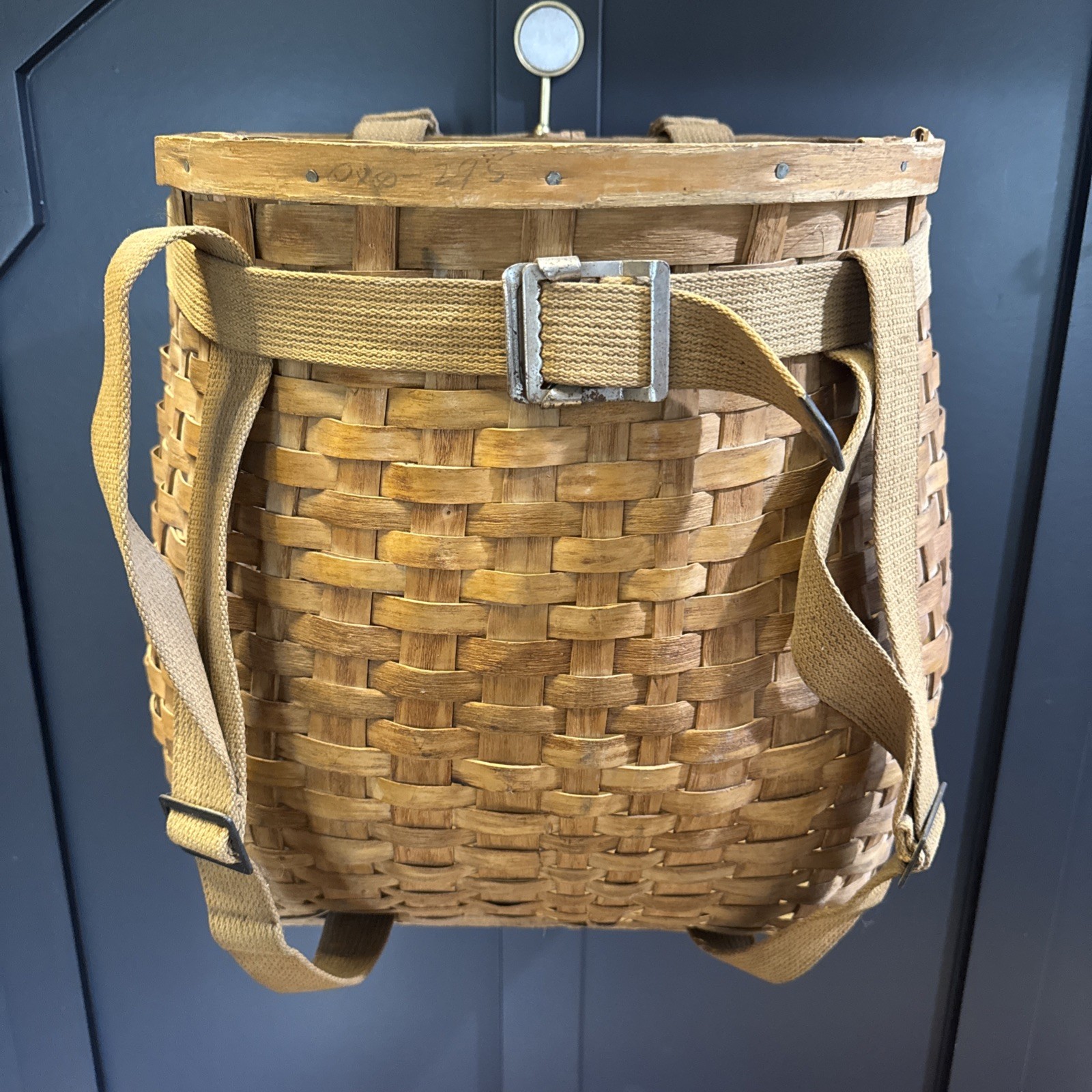 Antique Adirondack Pack Basket 17” Splint Wood Trapper Backpack Canvas Straps