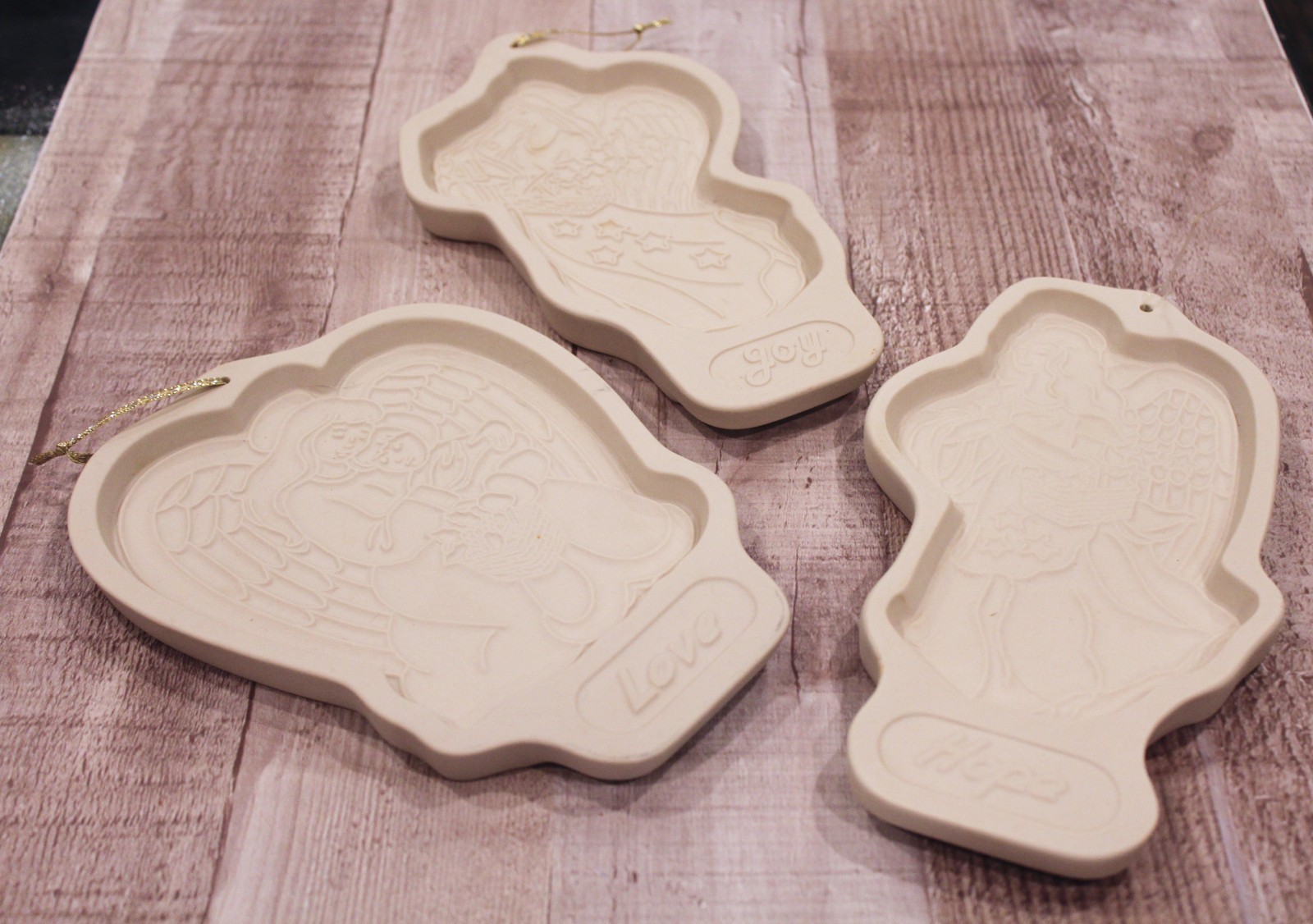 3 Longaberger Pottery Angel Cookie Molds Set of 3 Pottery 1990s Joy Hope Love