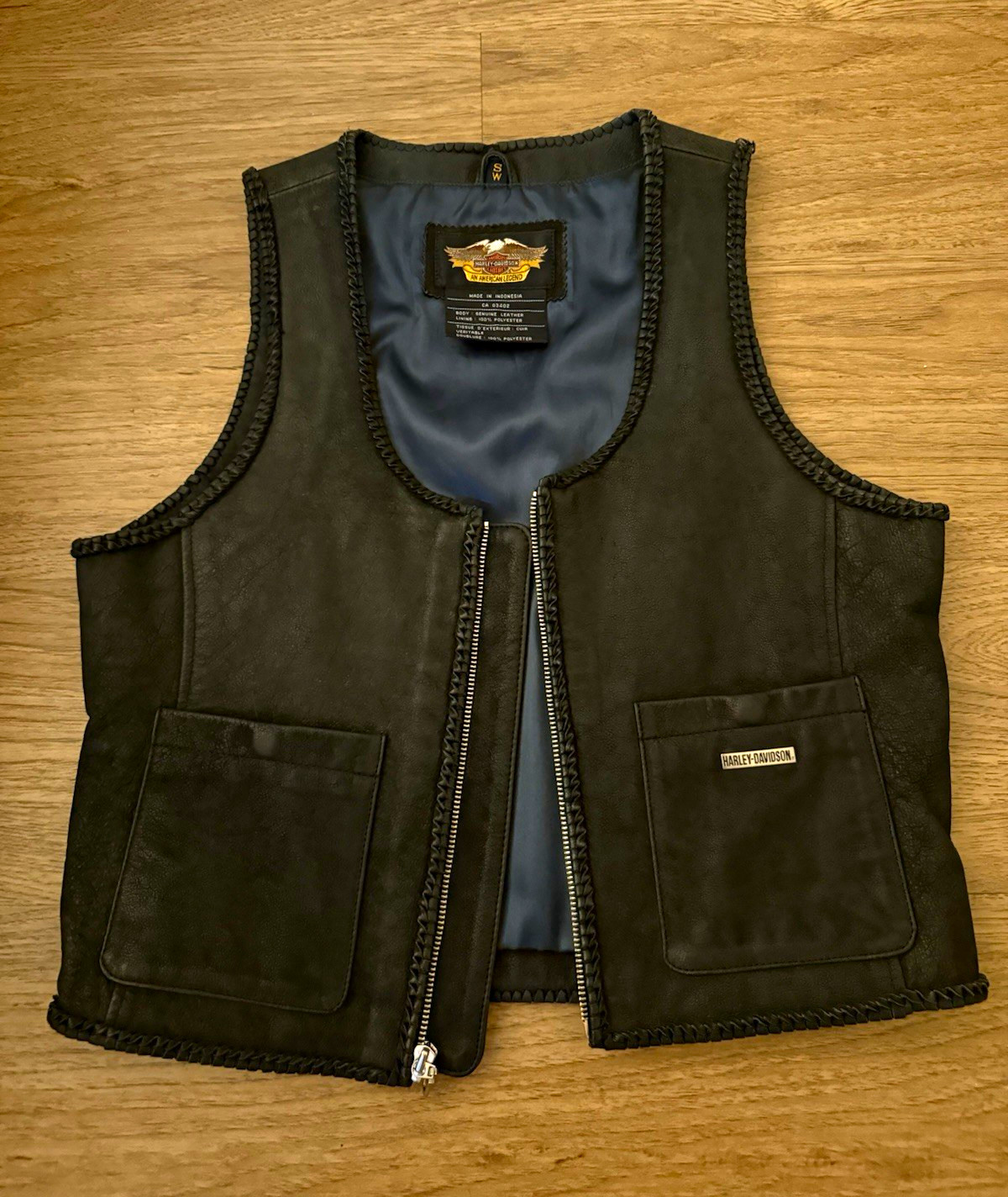 2000s Y2K Harley-Davidson Black Leather Zip Front Vest w/ Blue Lining 2000s Y2K Harley-Davidson Black Leather Zip Front Vest w/ Blue Lining