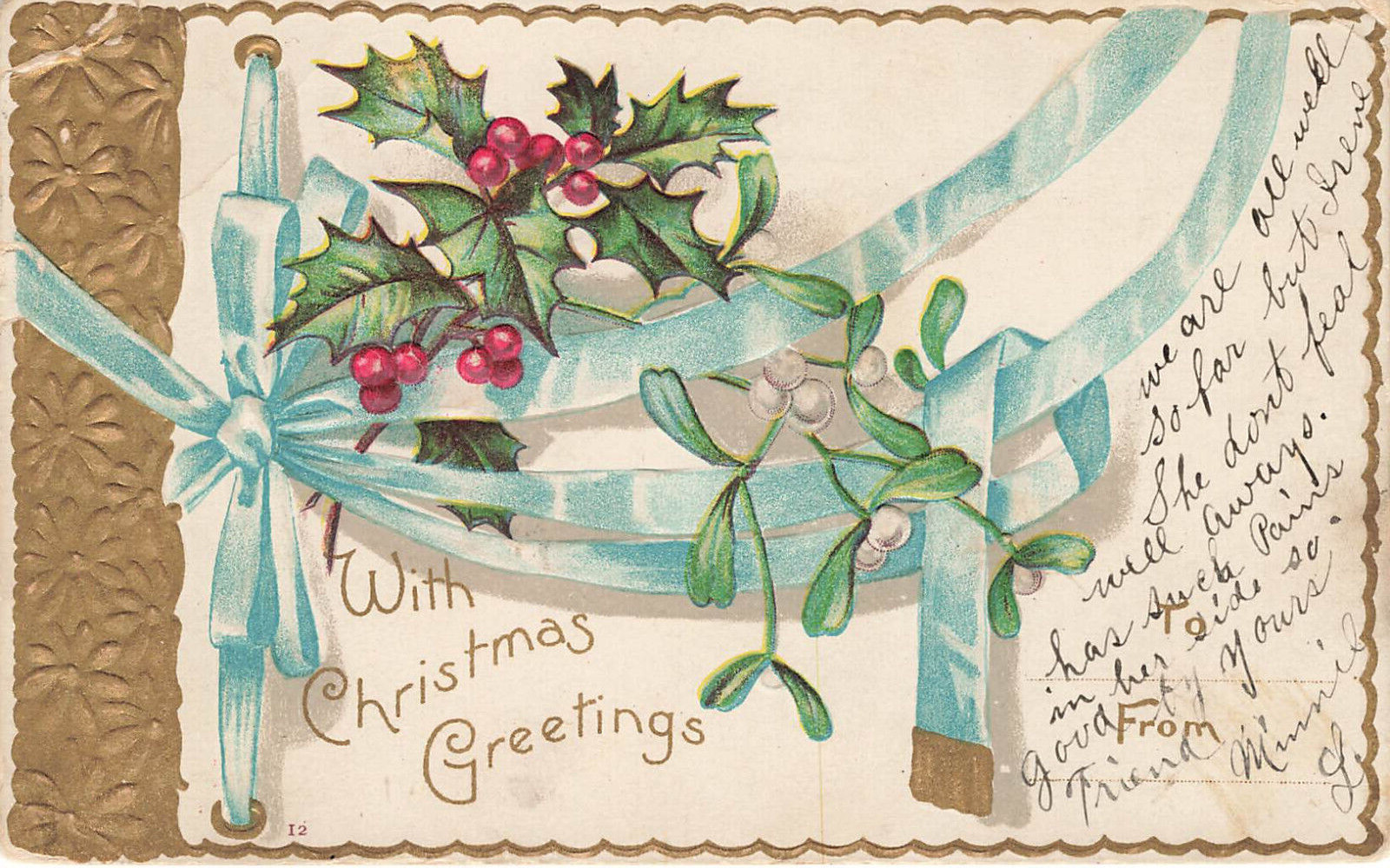 ANTIQUE MERRY CHRISTMAS POSTCARD WITH HOLLY & BLUE RIBBON 1906
