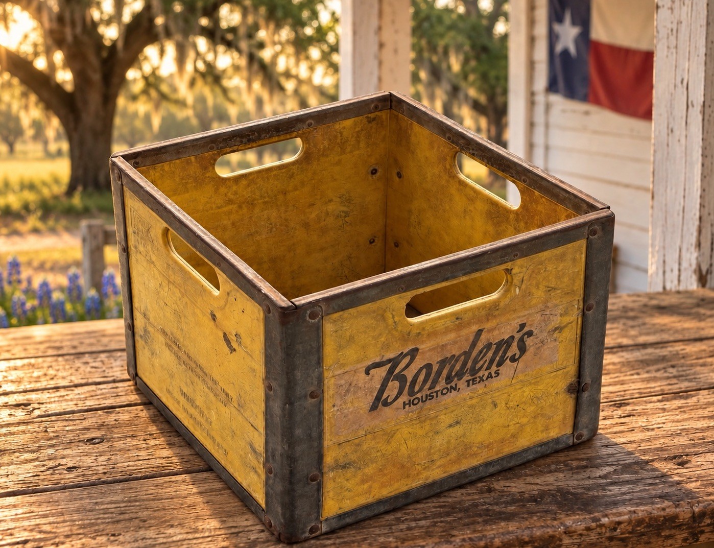 RARE VTG BORDEN’S HOUSTON TEXAS YELLOW MILK BOTTLE CRATE METAL REINFORCED BOX