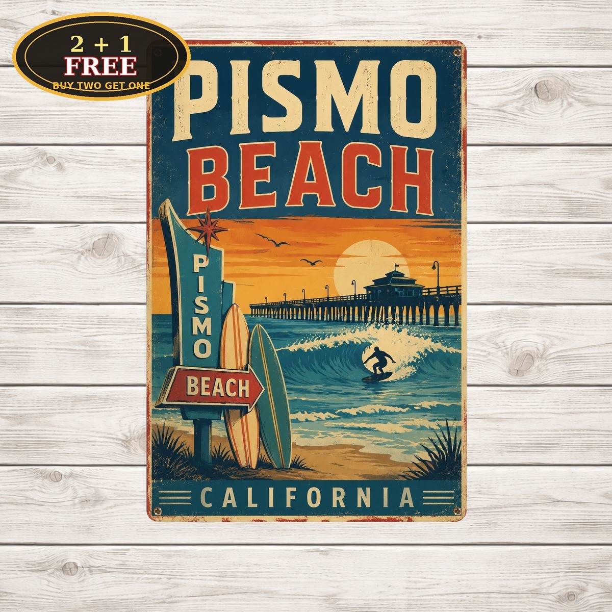 Pismo Beach California Surfing Metal Sign Retro Ocean Wave Wall Art Plaque