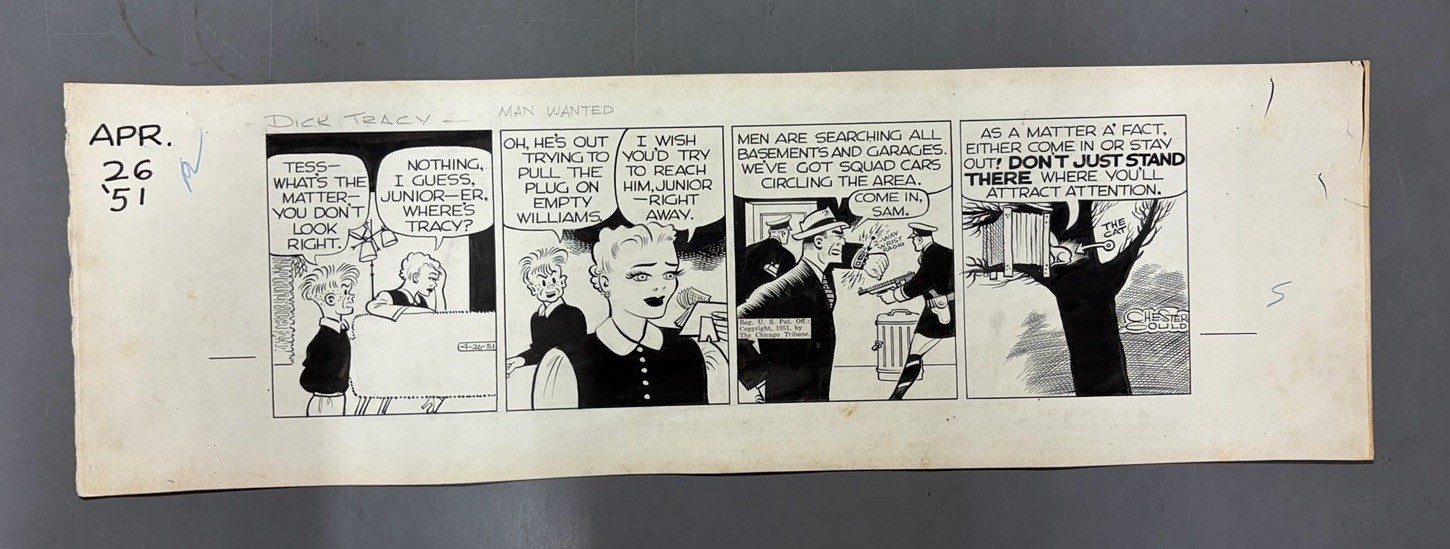 Chester Gould Dick Tracy Daily Comic Strip Original Art 04/26/1951 Man Wanted Chester Gould Dick Tracy Daily Comic Strip Original Art 04/26/1951 Man Wanted