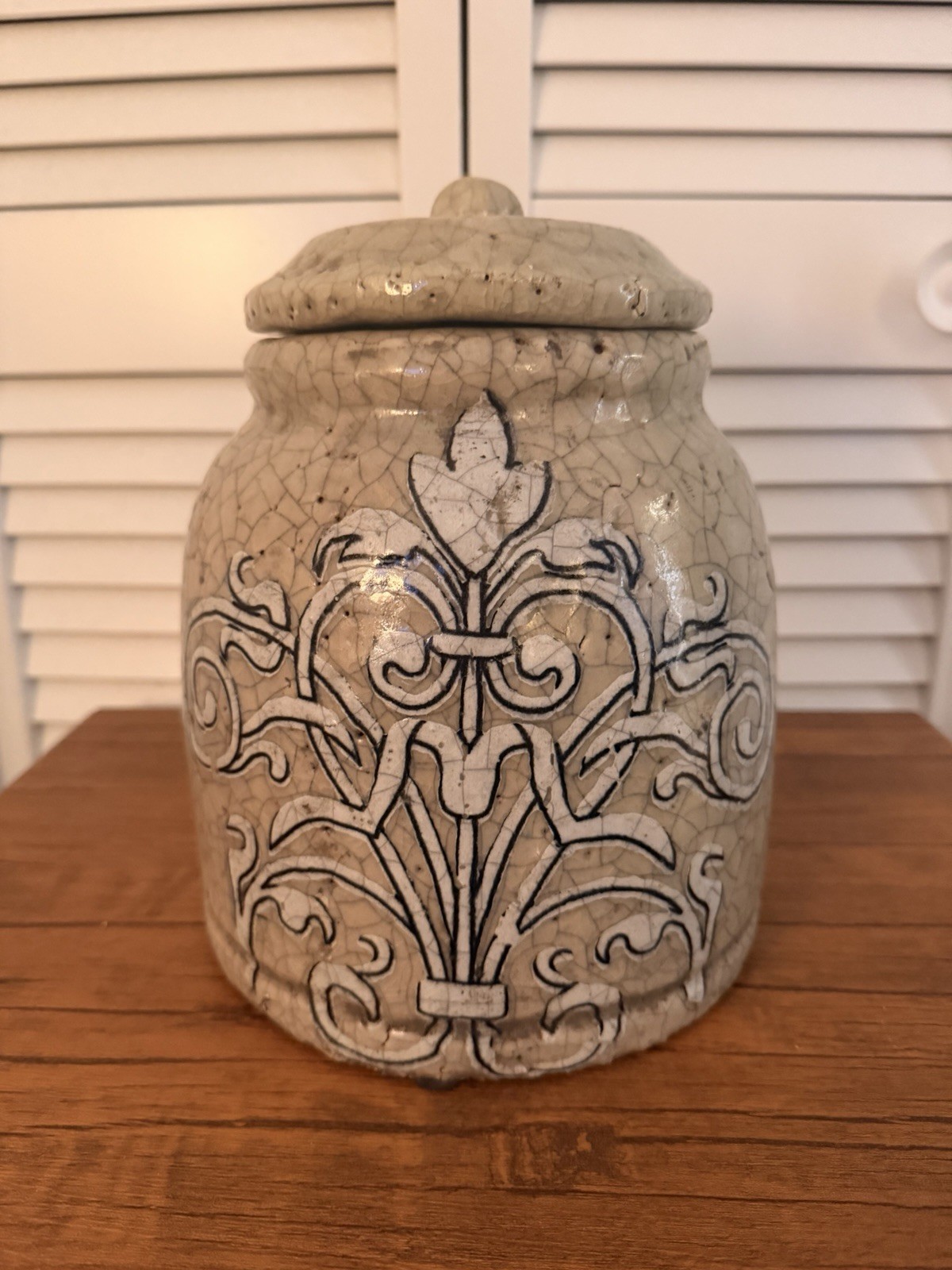Rustic French Country Crackle Glaze Fleur-de-Lis Lidded Stoneware Apothecary Jar Rustic French Country Crackle Glaze Fleur-de-Lis Lidded Stoneware Apothecary Jar