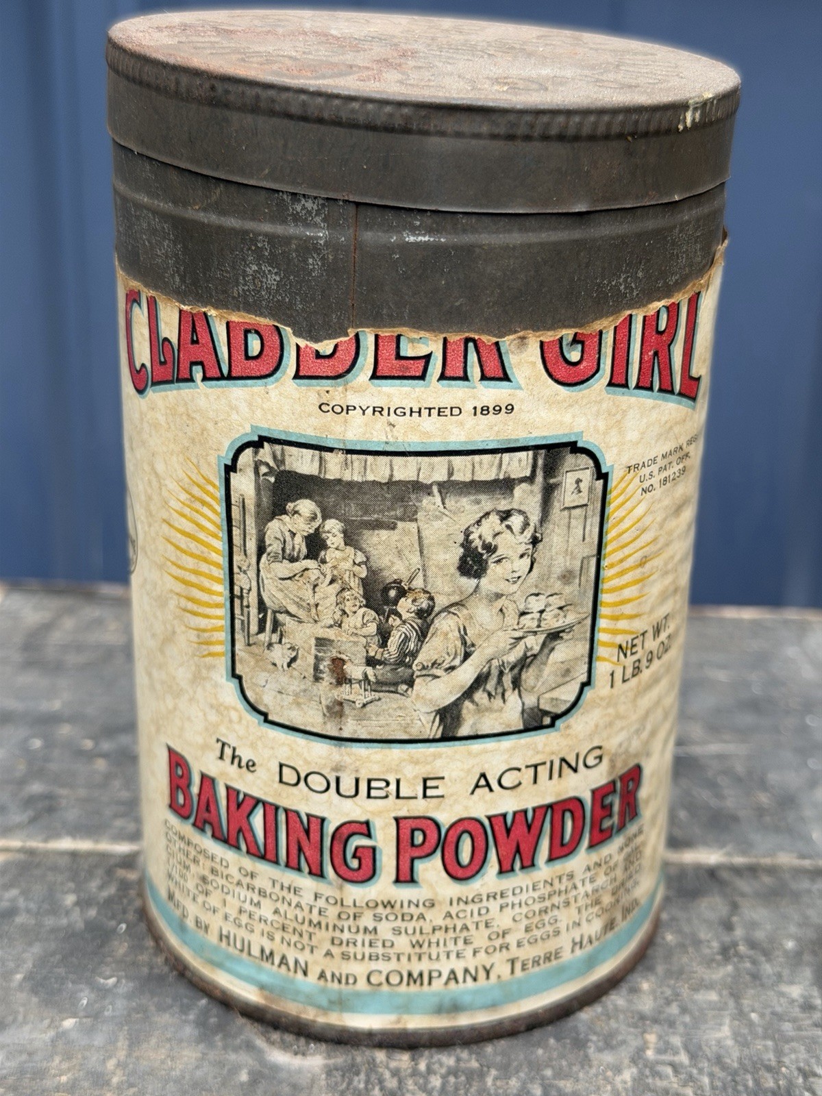 Vintage Antique Clabber Girl Baking Powder Tin 1 lb 9 oz Can Paper Label 1899 Vintage Antique Clabber Girl Baking Powder Tin 1 lb 9 oz Can Paper Label 1899