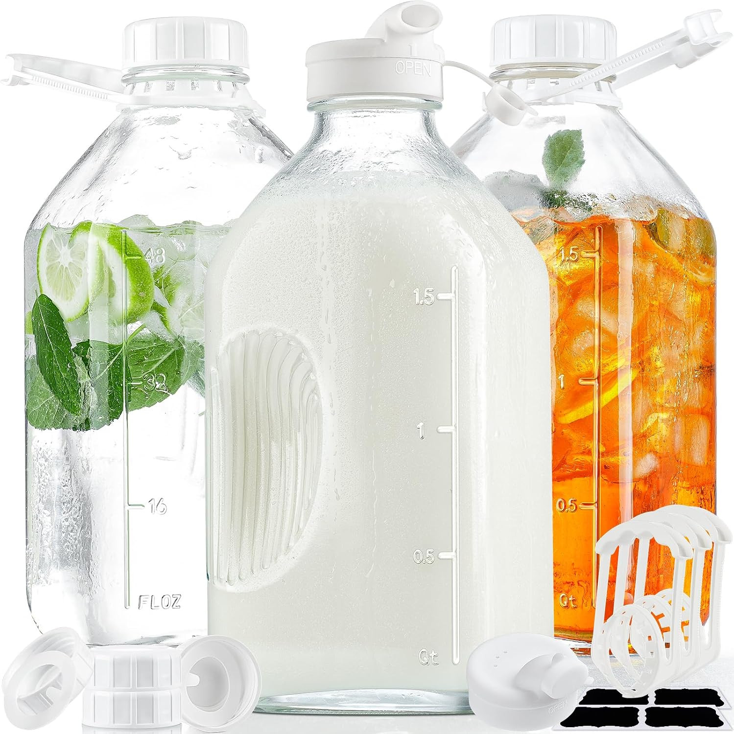 3 Pack 64 Oz Glass Milk Bottles with Lids,2 Pour Spouts