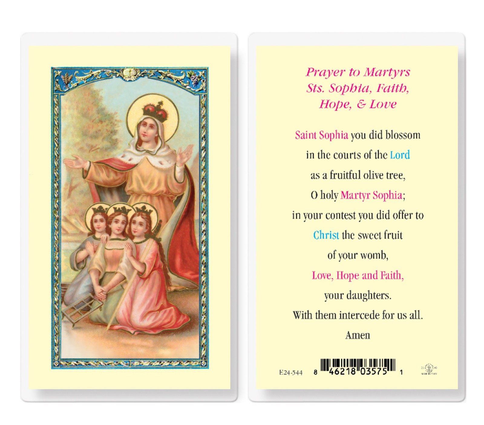 St Sophia Martyrs Faith Hope and Love Holy Laminated Prayer Card Catholic Faith