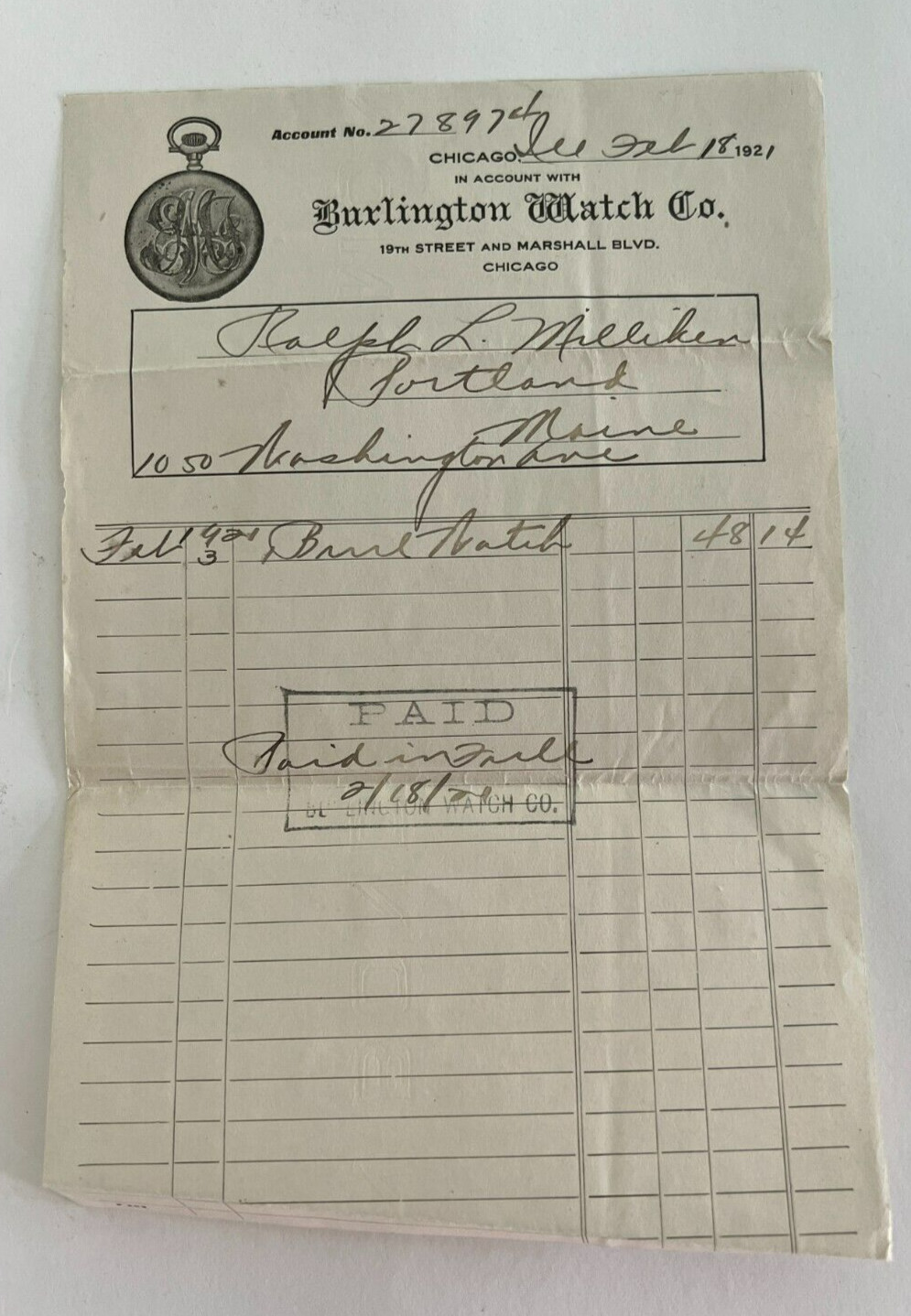 Antique 1892 Burlington Watch Co Chicago Receipt Purchase Of Watch Advertisement